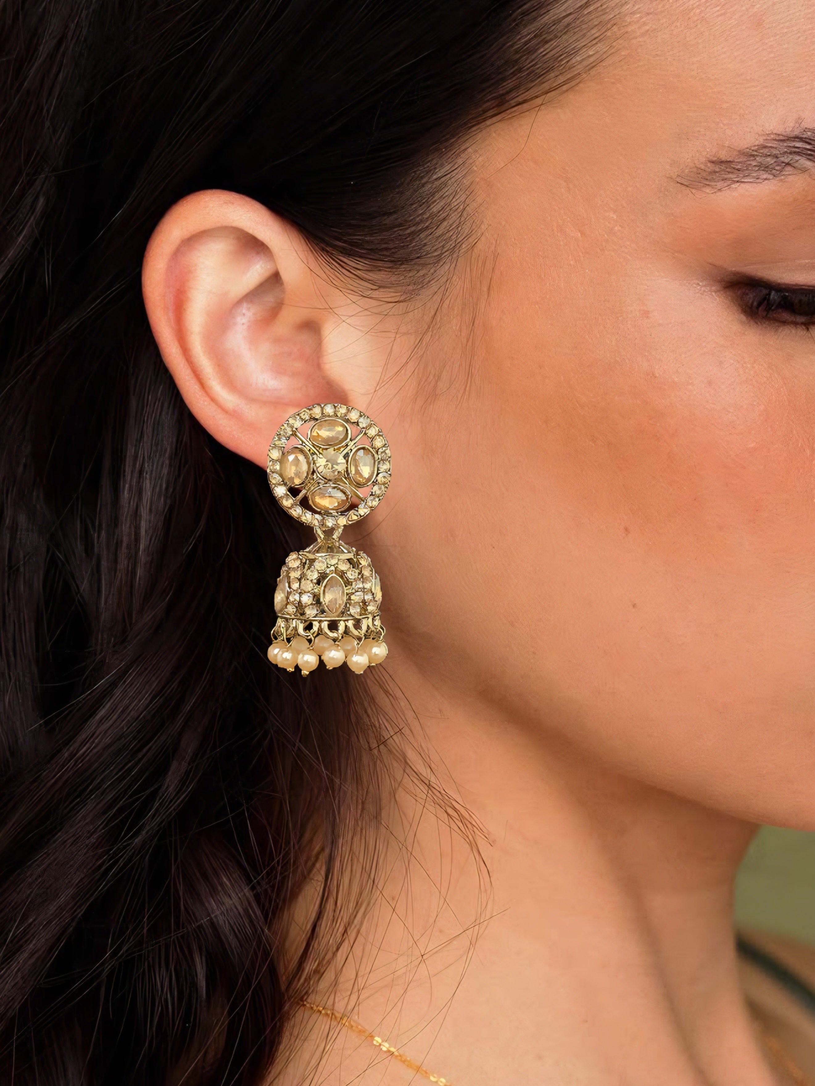Gold Kundan Polki Jhumka Earrings