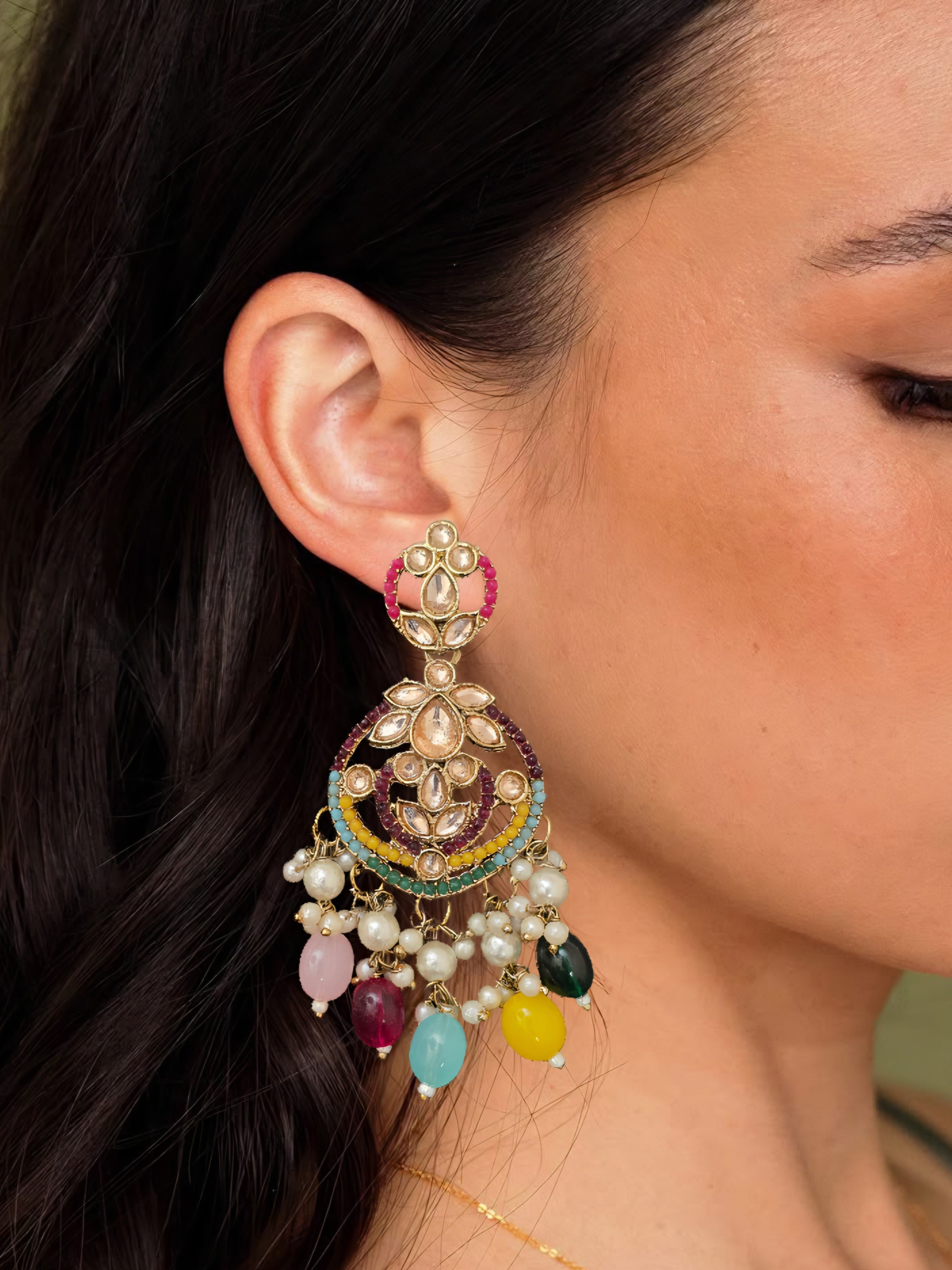 Mehandi Finish Multicolour Pakistani Kundan Premium Quality Earrings