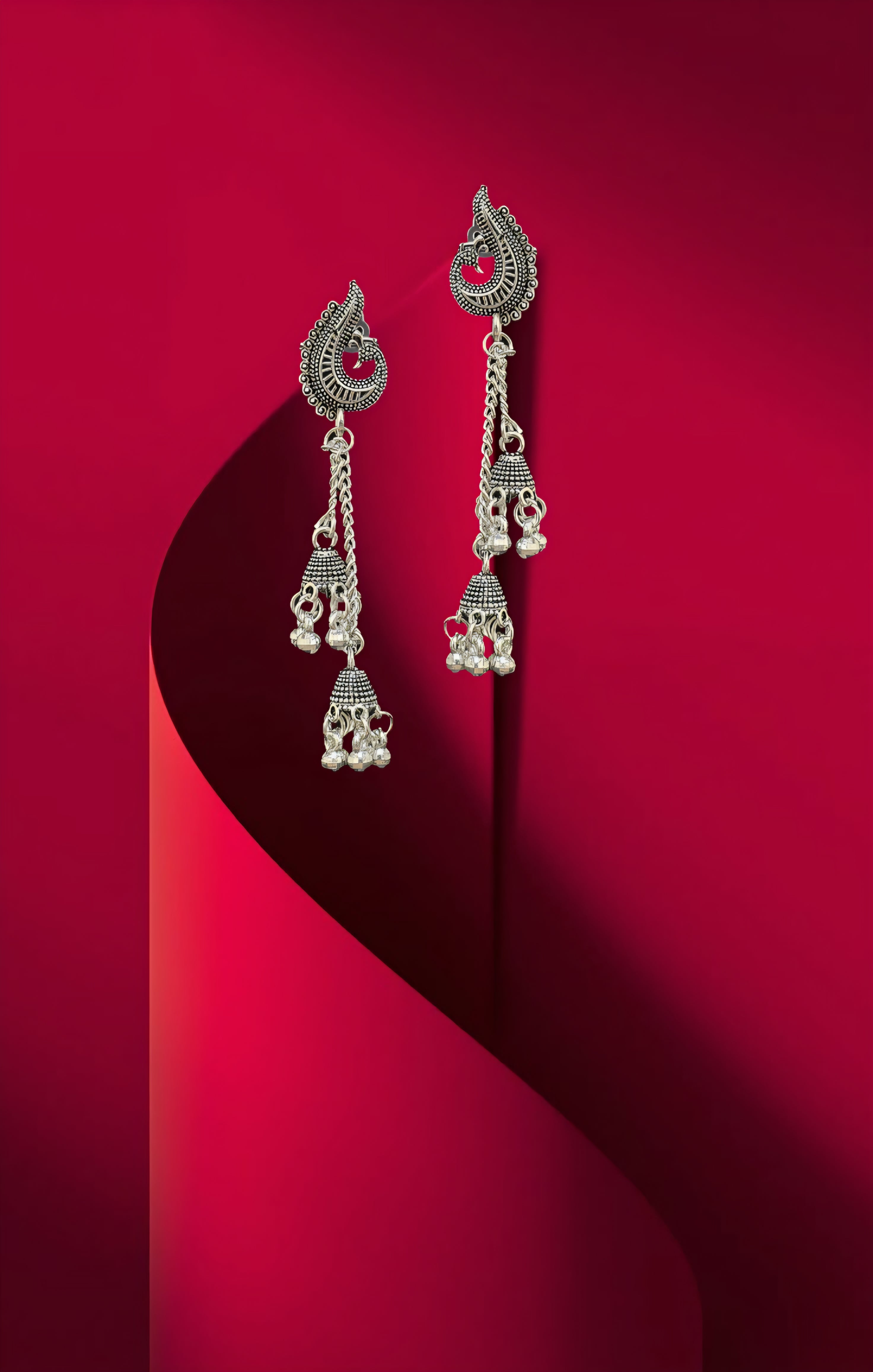 Oxidized Silver Plated Peacock Drop Jhumki Earrings for Girs and Women