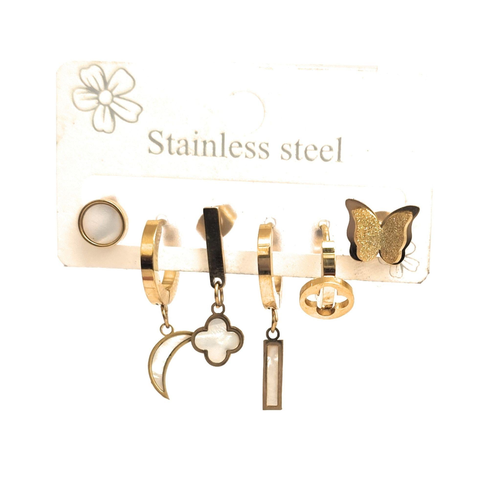 Enmode Latest Stylish 3 Pairs Full Diamond Heart Stainless Steel Butterfly Clover Moon Mismatched  Earring for Women and Girls