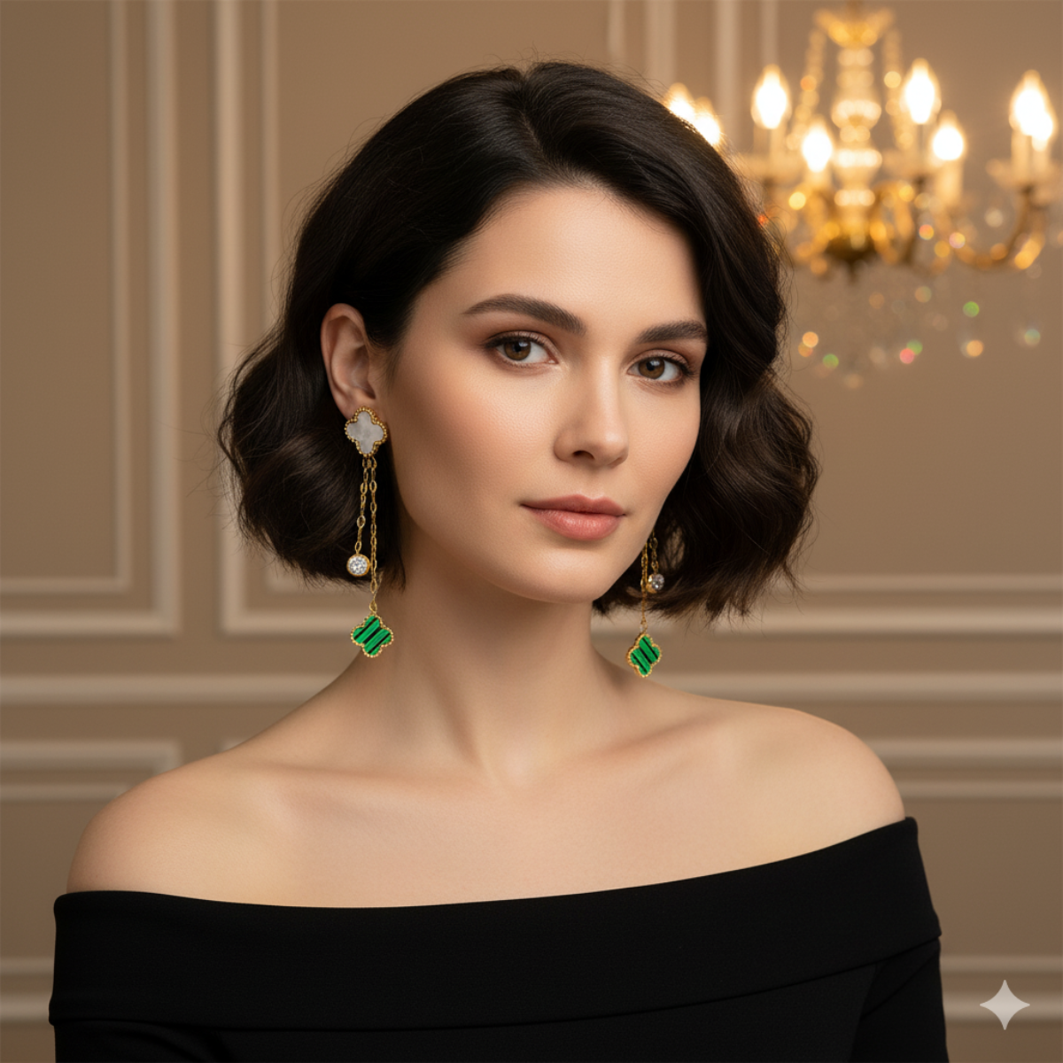 Stainless Steel Jewelry Zircon Green Four-leaf Clover Long Drop Earring for Women and Girls