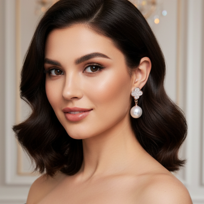 Pearl Drop Earrings with Floral Design