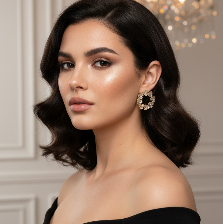 Gold-Plated Floral Hoop Earrings with Pink Stone Accents