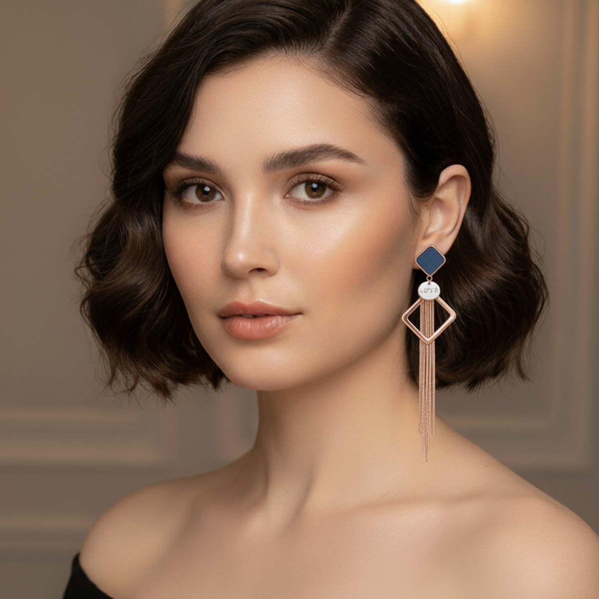 Square Drop Earrings Rose Gold Earrings with Love Charm