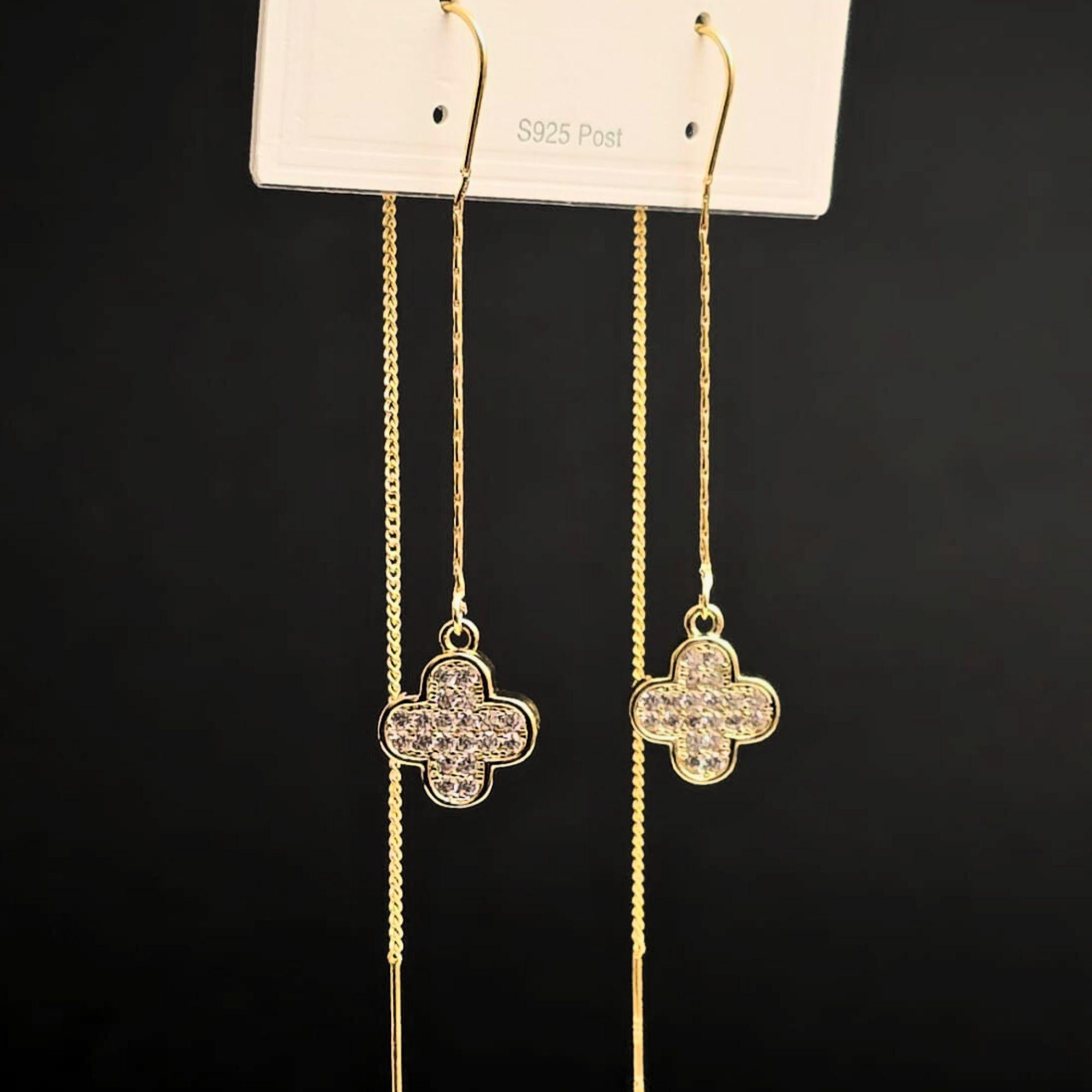 Enmode Latest Stylish Clover Cubic Zirconia Long Drop Earring for Women and Girls