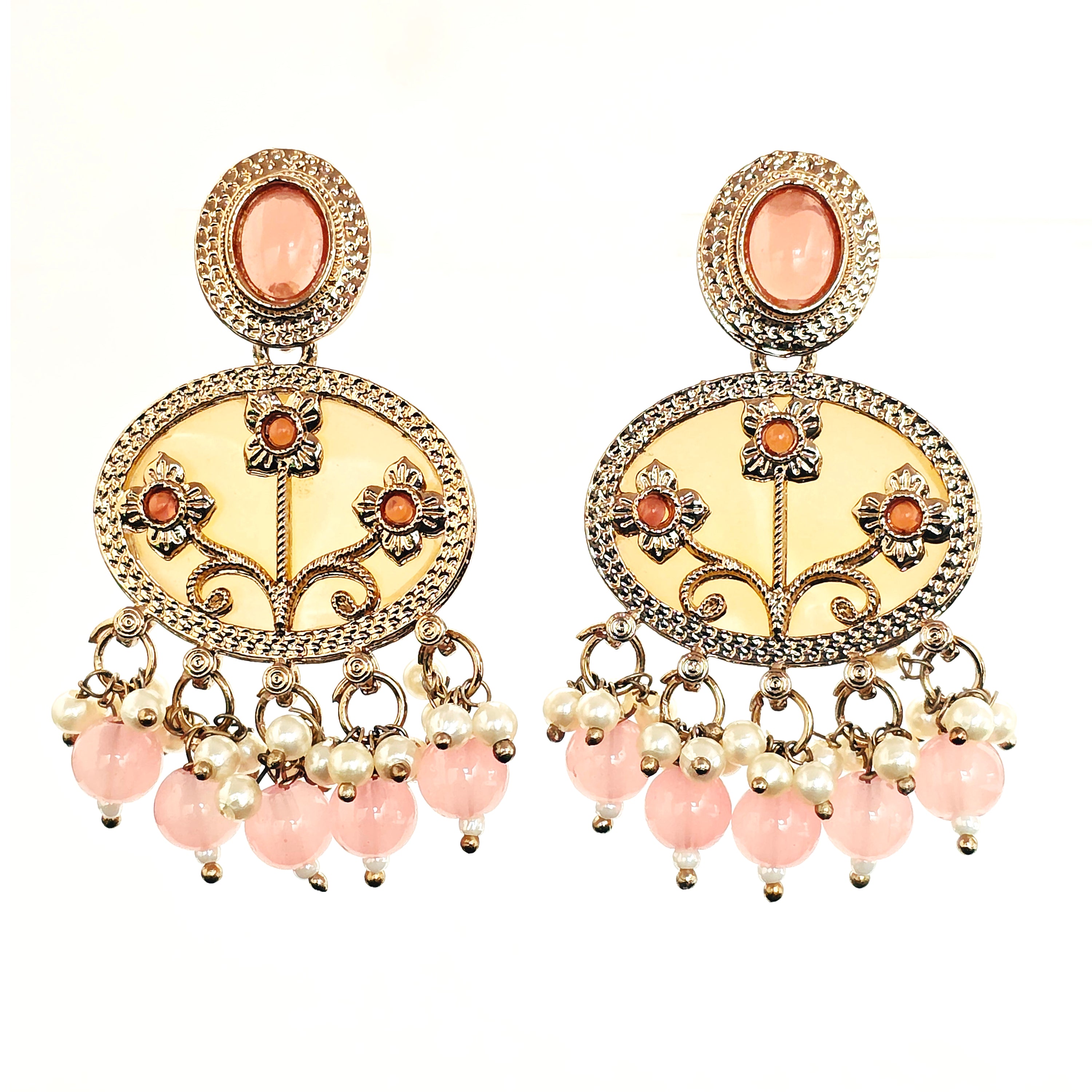 Enmode Fashion Jewellery Gold Plated Pink Beaded Mother of Pearl Chandbali Earrings for Women