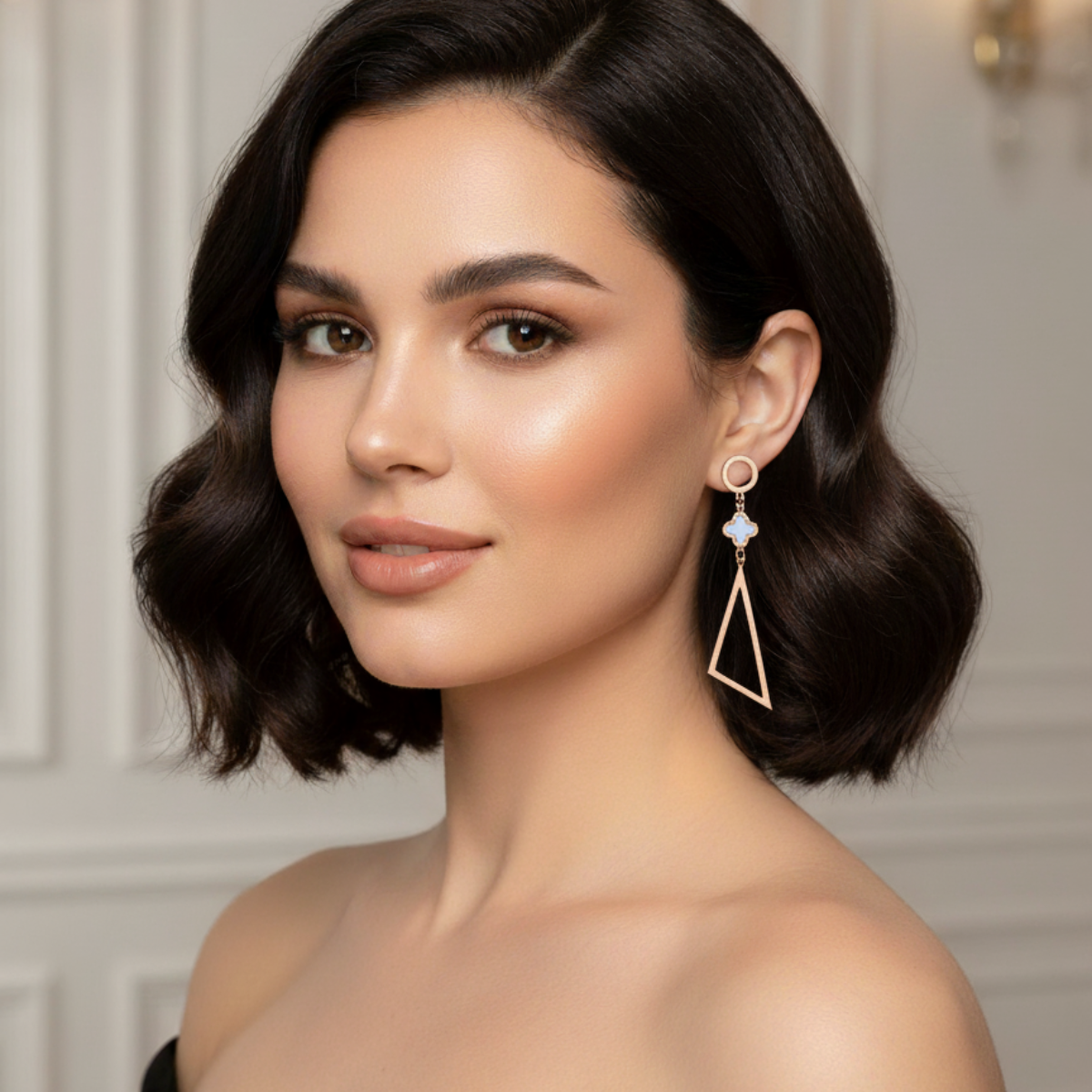Rose Gold Triangle Drop Earrings with Clover Accent