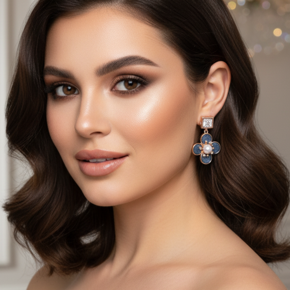 Rose Gold Flower Drop Earrings with Black Accents and Cubic Zirconia Stud