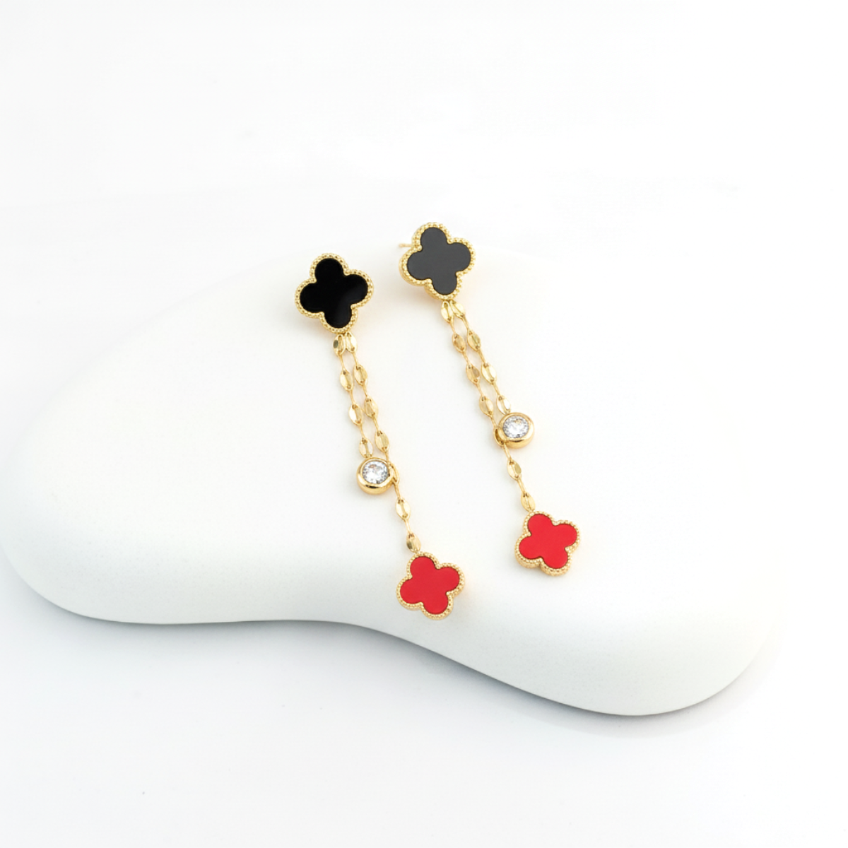 Stainless Steel Zircon Red Four-leaf Clover Long Drop Earring for Women and Girls