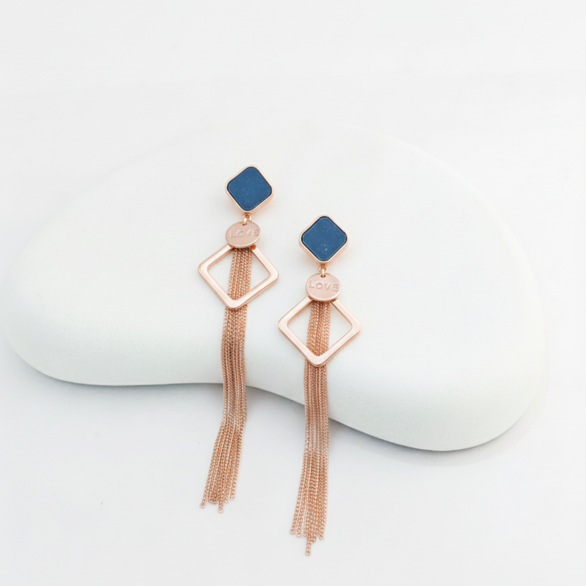Square Drop Earrings Rose Gold Earrings with Love Charm