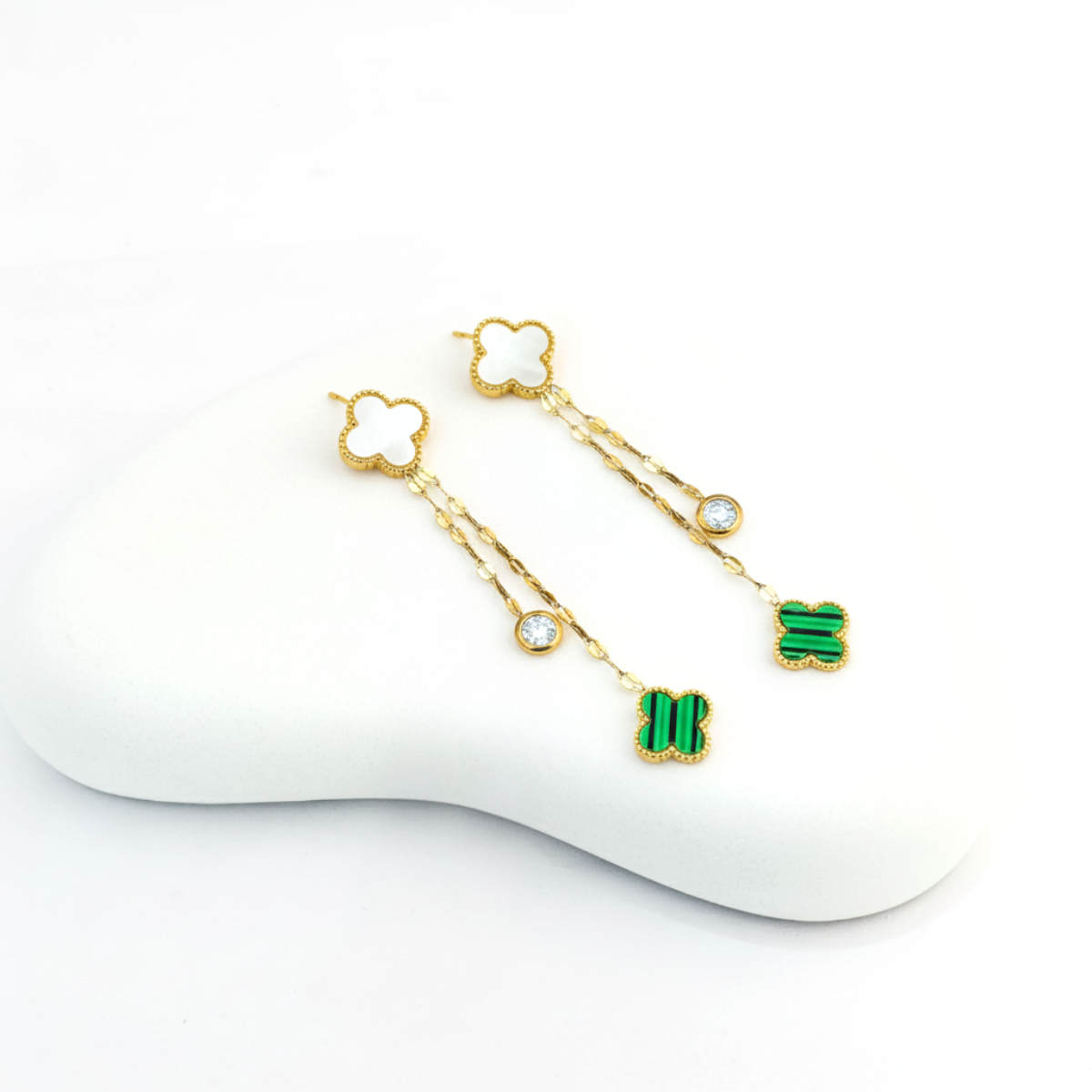 Stainless Steel Jewelry Zircon Green Four-leaf Clover Long Drop Earring for Women and Girls