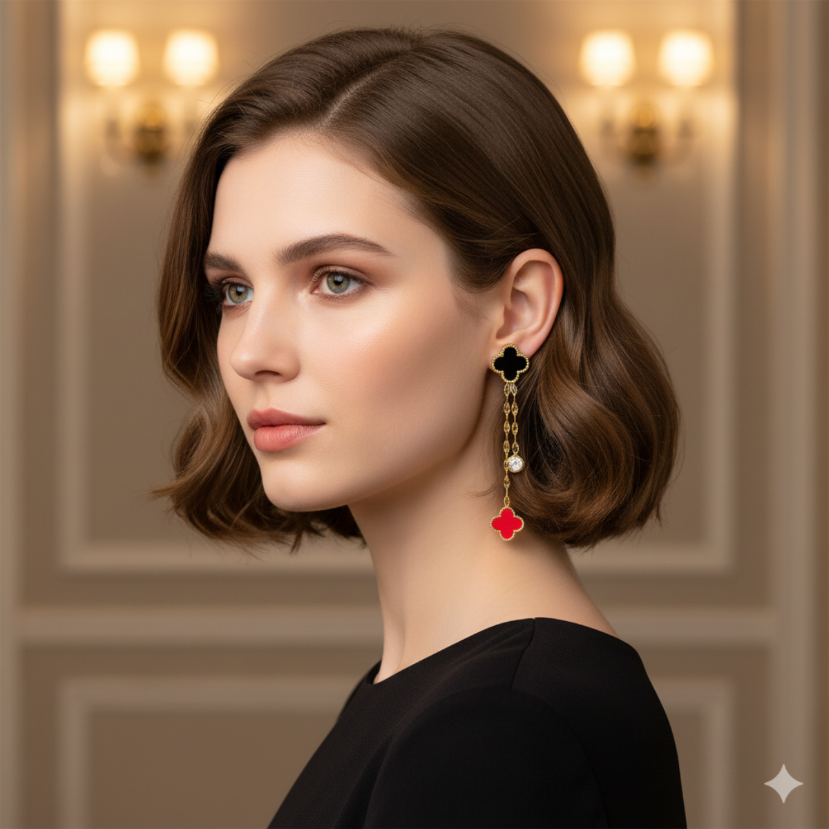Stainless Steel Zircon Red Four-leaf Clover Long Drop Earring for Women and Girls