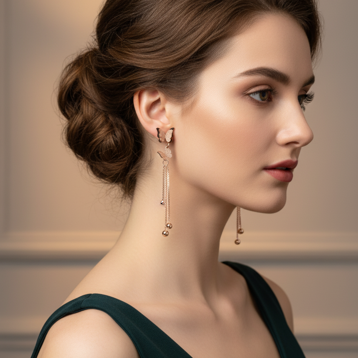 Rose Gold Butterfly Dangle Earrings with Chain and Beads