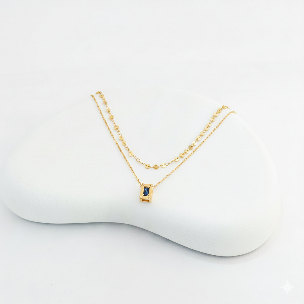 18k Gold Plated Double Chain Rectangle Diamond Pendant