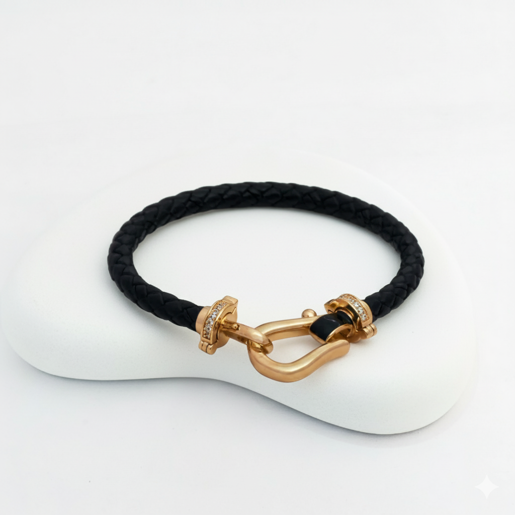 Black Leather Bracelet with Gold-Plated Clasp
