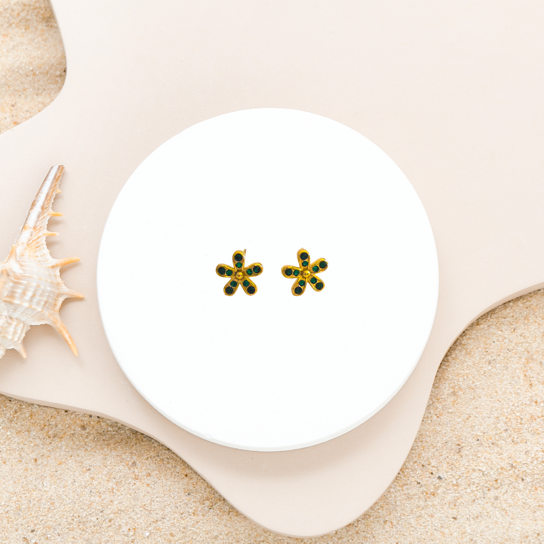 Gold Plated Anti-Tarnish Floral Green Diamond Mini Stud Earring