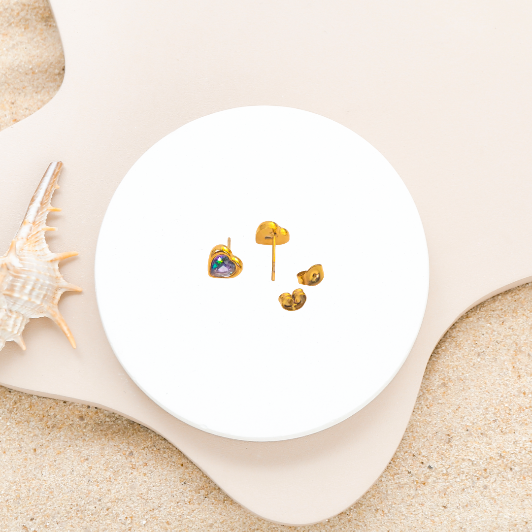 Gold Plated Anti-Tarnish Heart Green Diamond Mini Stud Earring