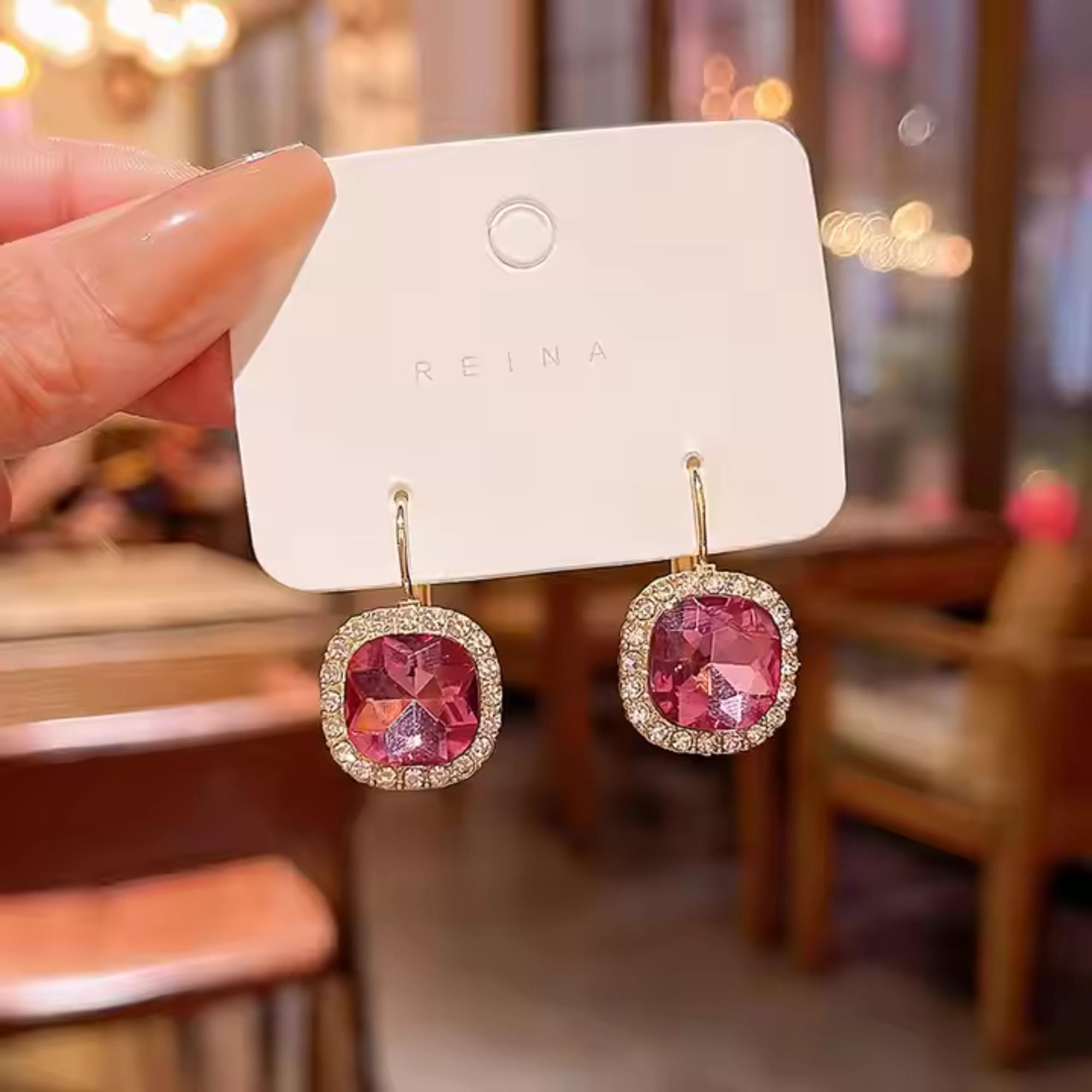 Enmode Latest Stylish Gold Plated Pink Cubic Zirconia Drop Hook Earring for Women and Girls