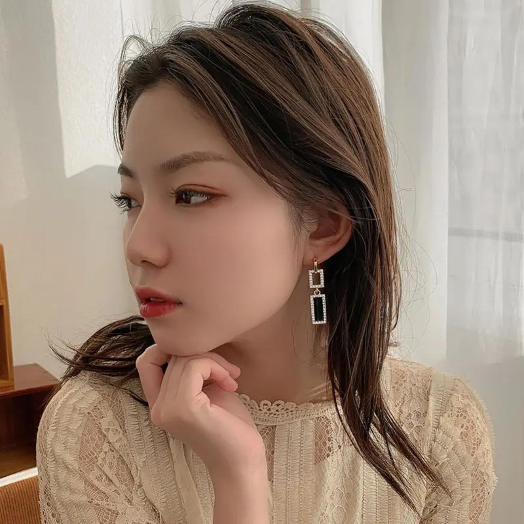 Enmode Latest Stylish Crystal Black and Gold Rhinestone Double Rectangle Drop Earring for Women and Girls