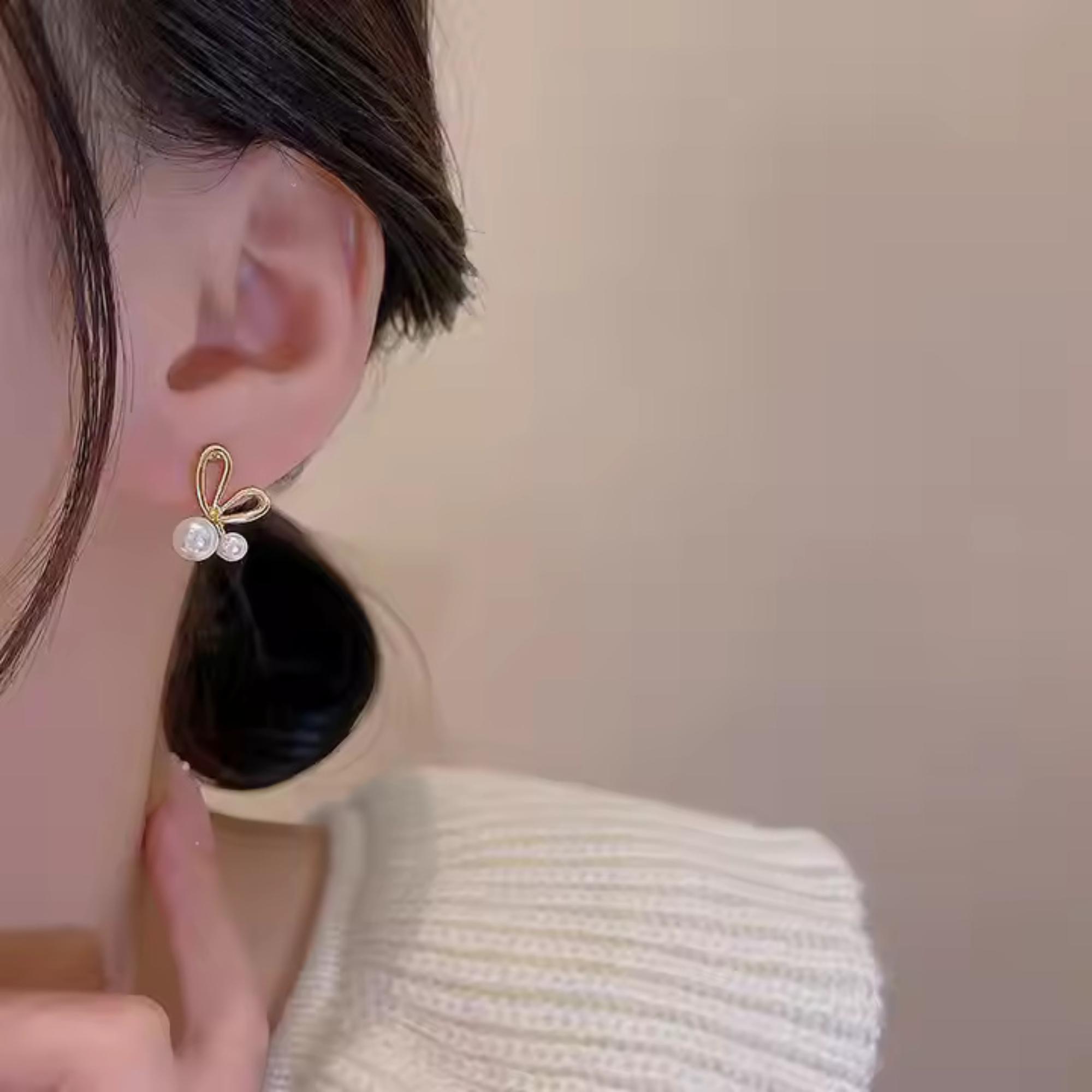 Enmode Latest Stylish Cute Bow Tie Pearl Stud Earring for Women and Girls