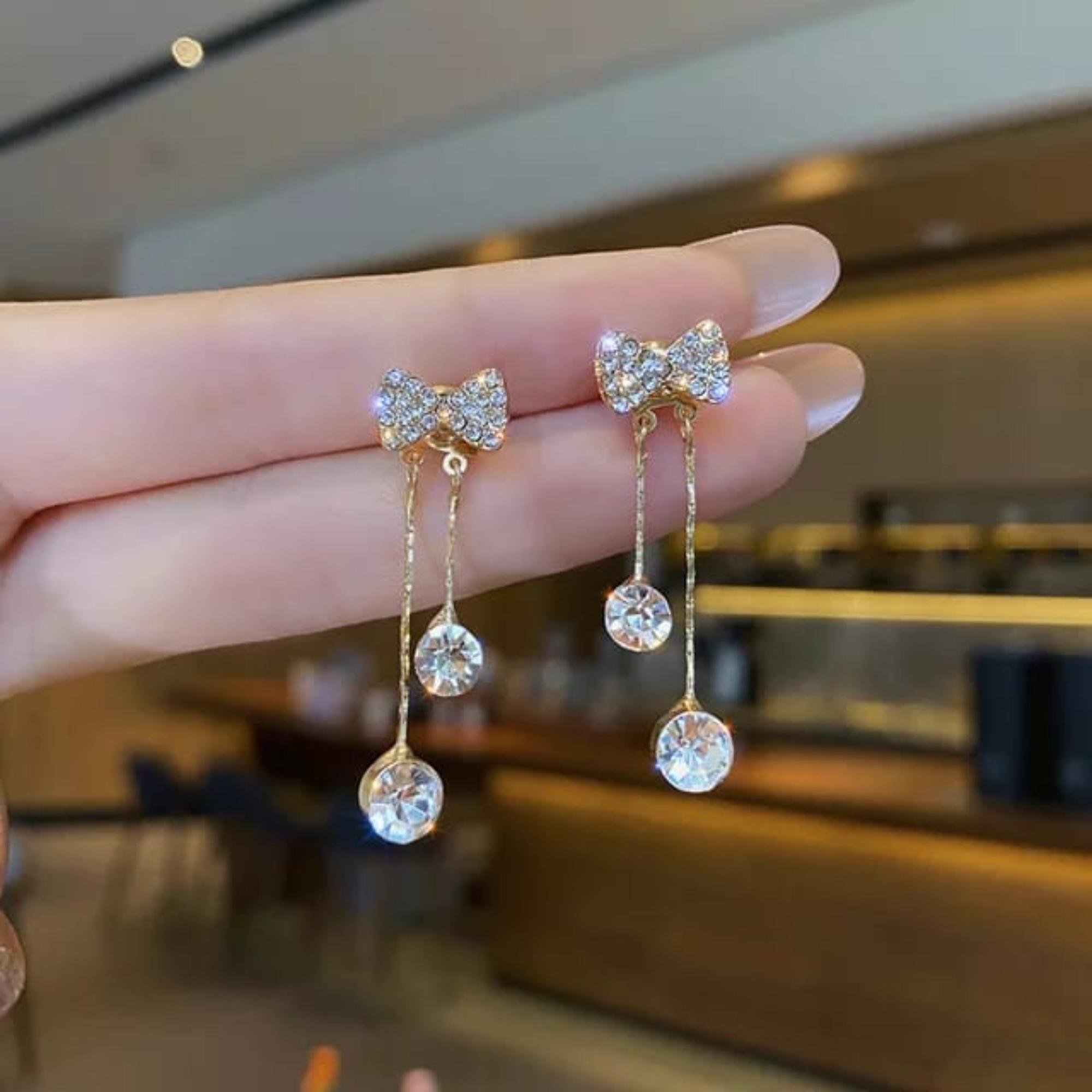 Enmode Latest Stylish Bow Dangle Silver Plated Cubic Zircon Charm Drop Earring for Women and Girls