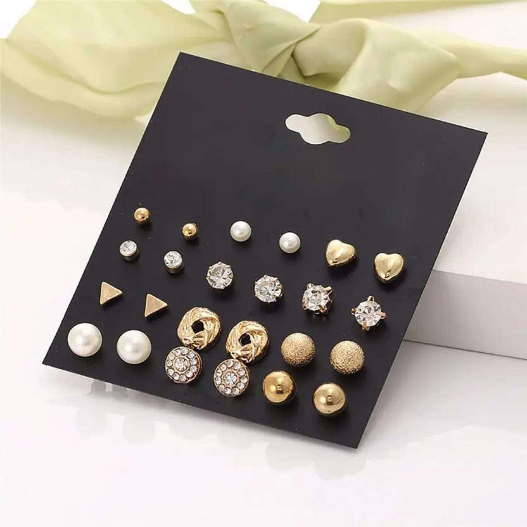 Enmode Latest Stylish 12 Pairs of Square Zircon Rhinestone Heart Stud Earring for Women and Girls