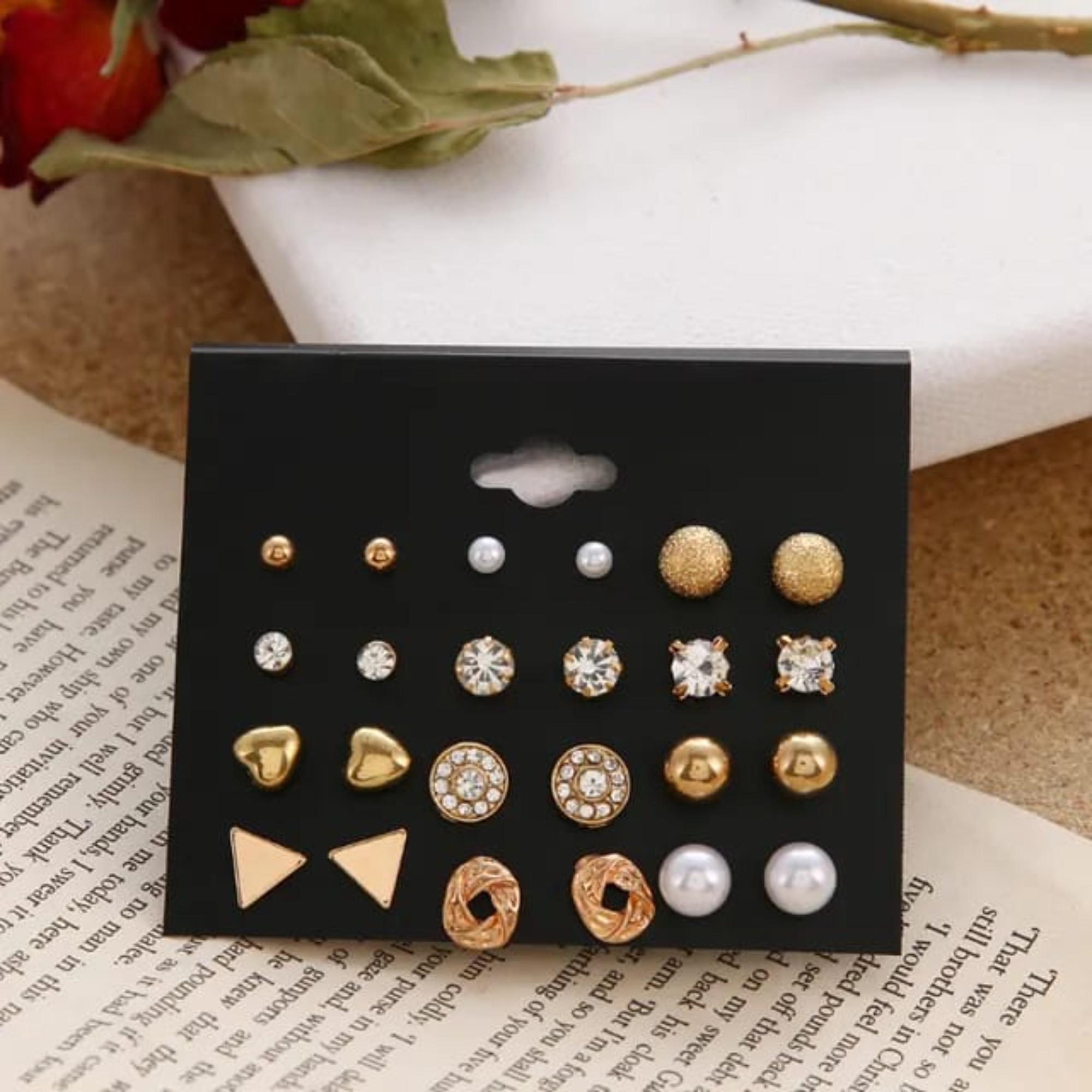 Enmode Latest Stylish 12 Pairs of Square Zircon Rhinestone Heart Stud Earring for Women and Girls