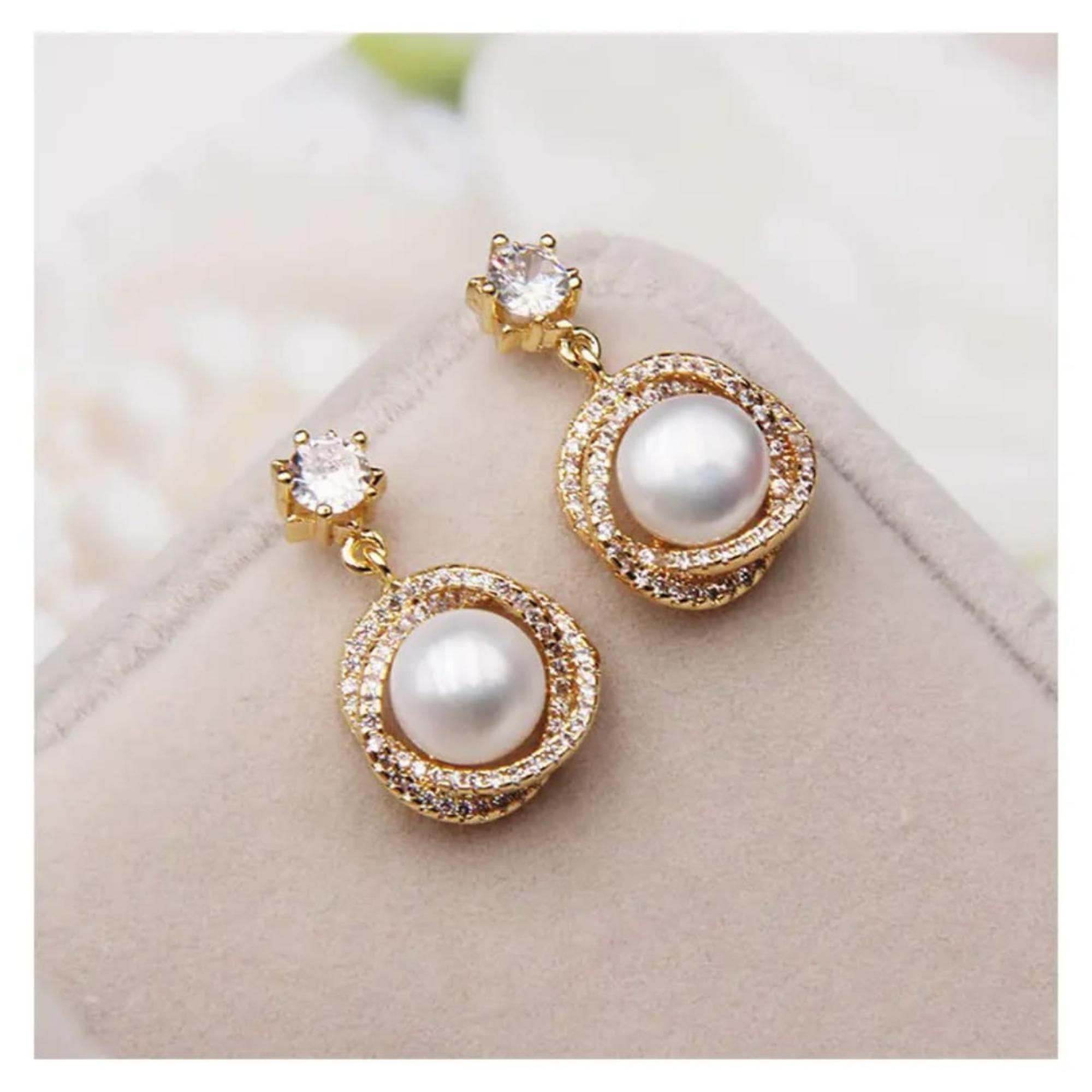 Enmode Latest Stylish Bird Nest Freshwater Pearl High-Grade Zircon Flower Studs Earring for Women and Girls
