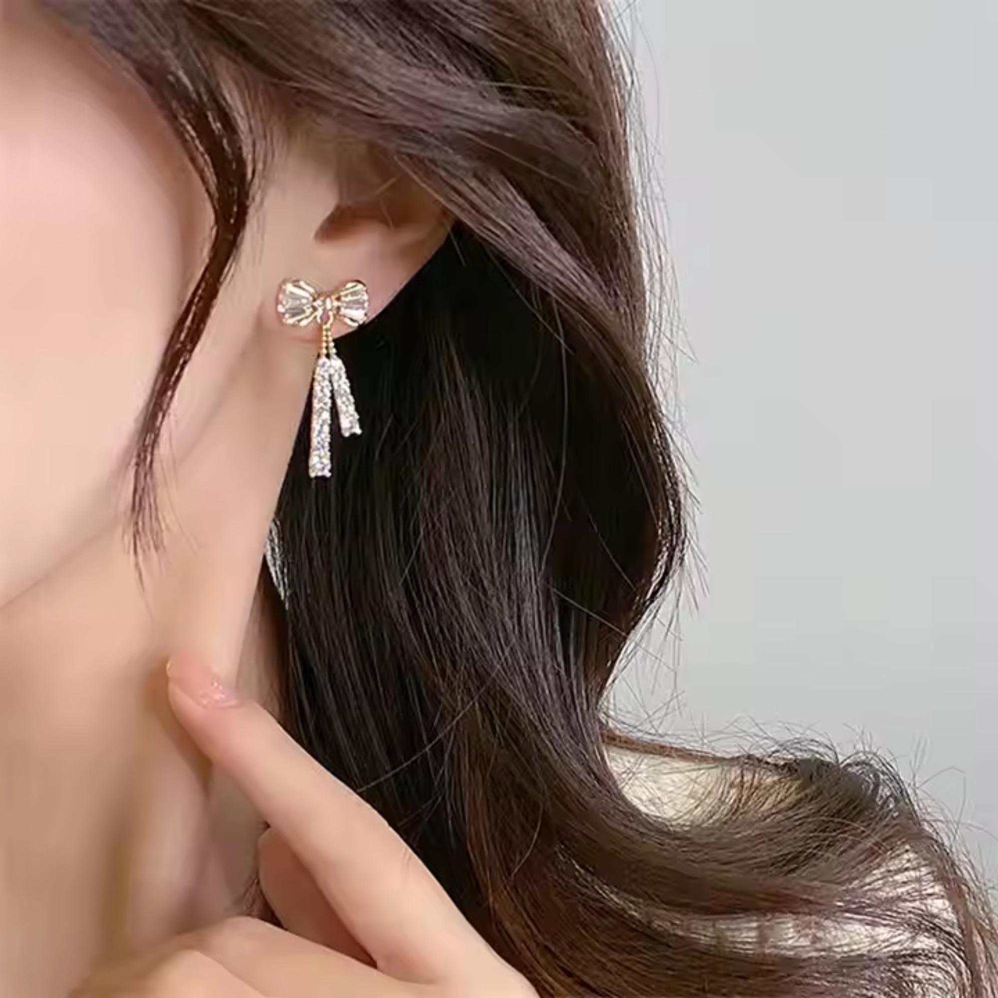 Enmode Latest Stylish Crystal Bowknot Cubic Zirconia Drop Earring for Women and Girls