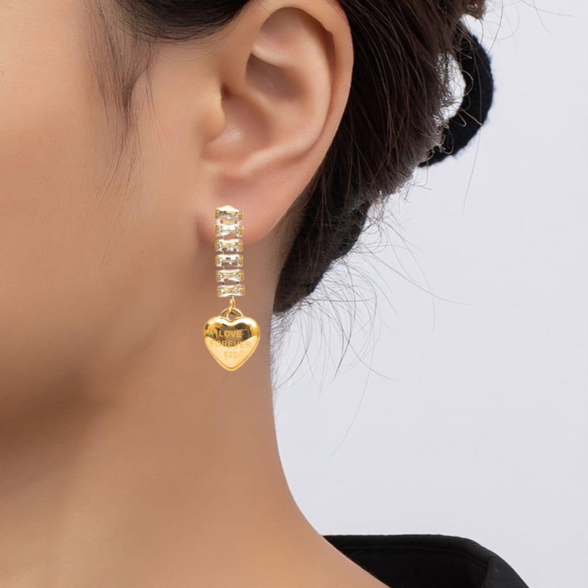Enmode Latest Stylish Anti-Tarnish 18k Gold Plated Stainless Steel Heart Zircon Drop Earring for Women and Girls