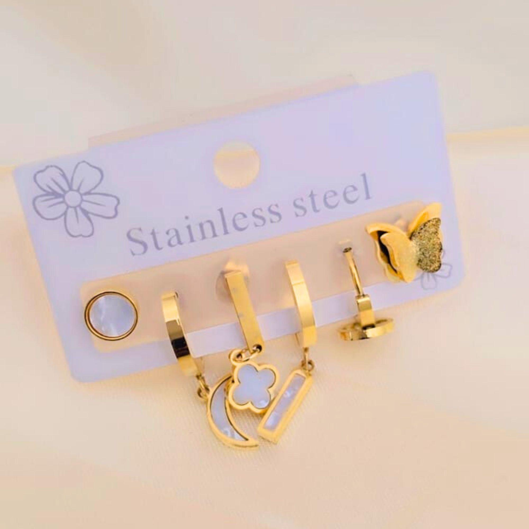 Enmode Latest Stylish 3 Pairs Full Diamond Heart Stainless Steel Butterfly Clover Moon Mismatched  Earring for Women and Girls