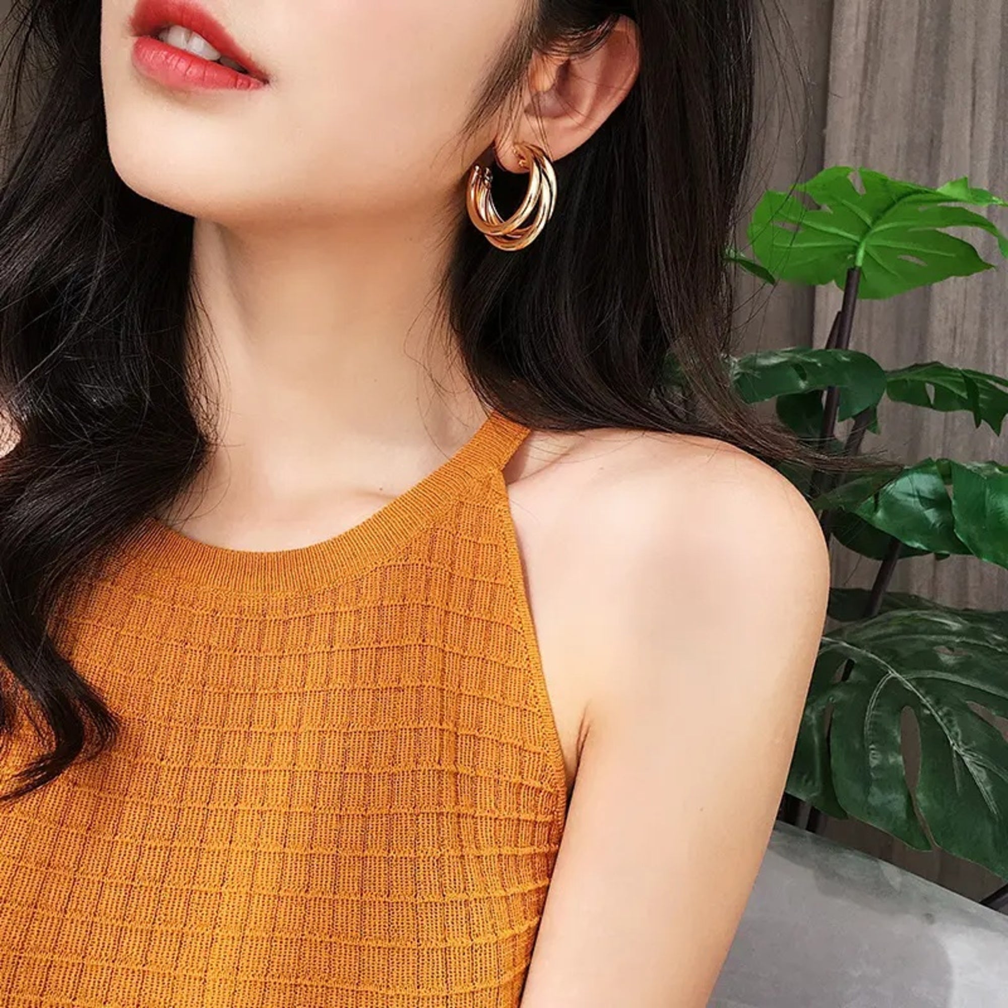 Enmode Latest Stylish 18K Plated Stainless Steel Multi-layer C-Shaped Drop Earring for Women and Girls