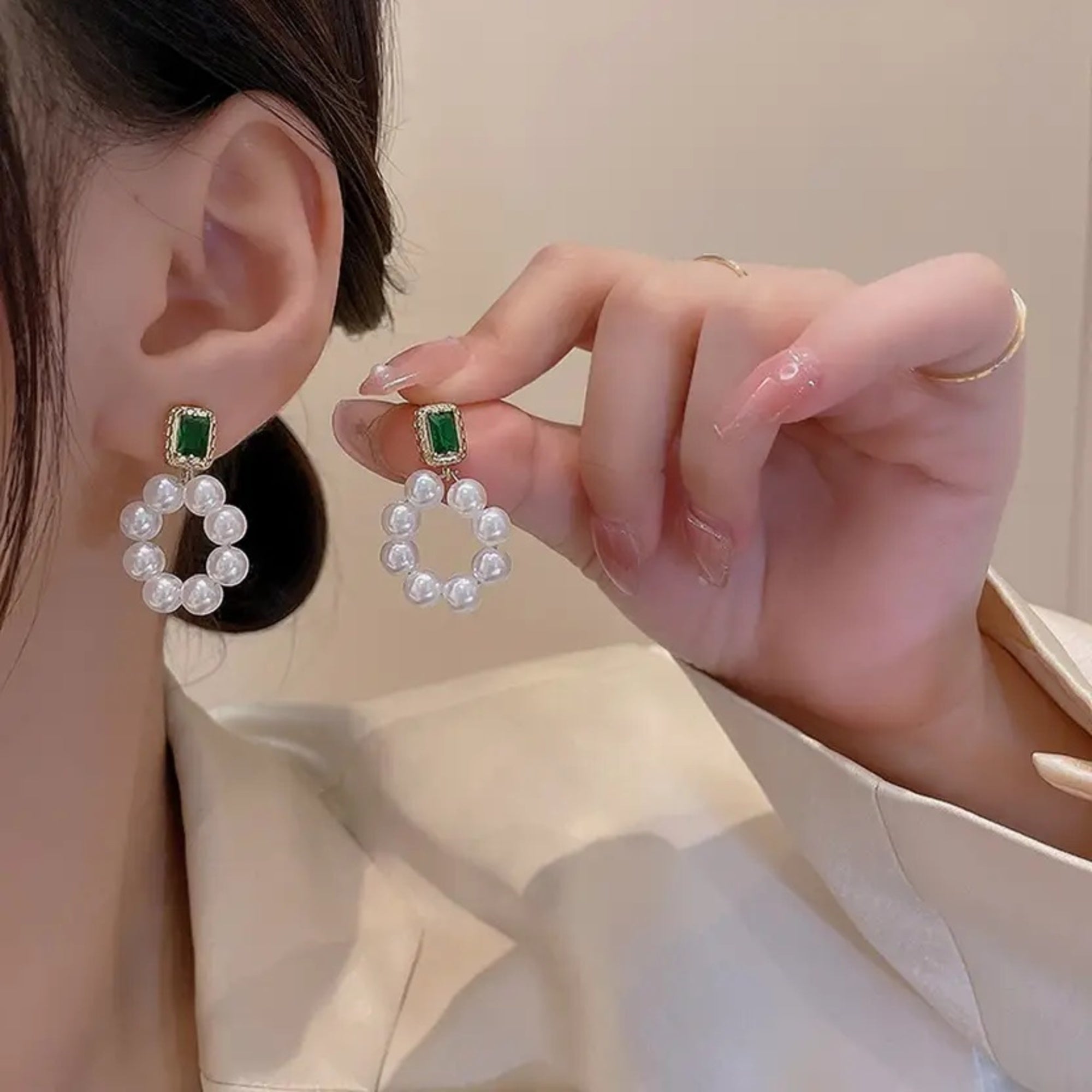 Enmode Latest Stylish Green Square Crystal Zircon Pearl Dangle Earring for Women and Girls