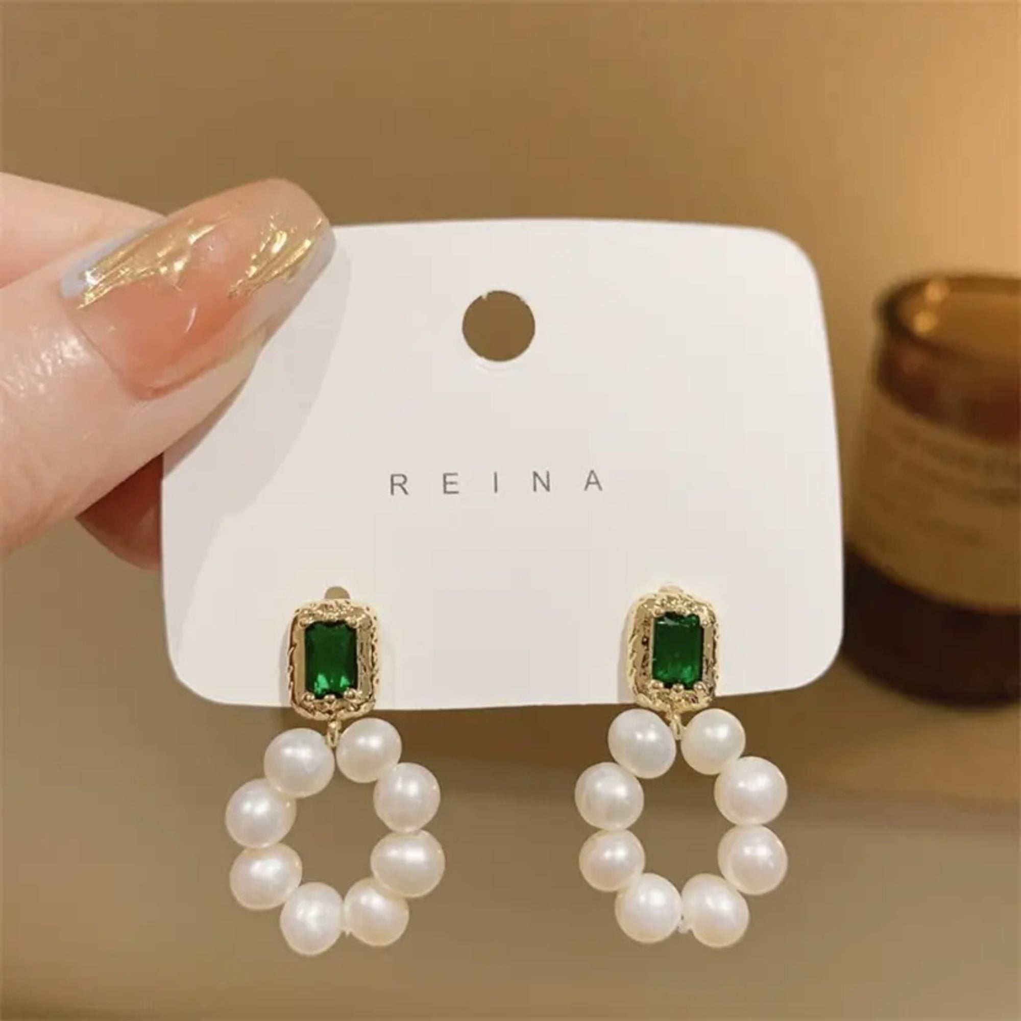 Enmode Latest Stylish Green Square Crystal Zircon Pearl Dangle Earring for Women and Girls
