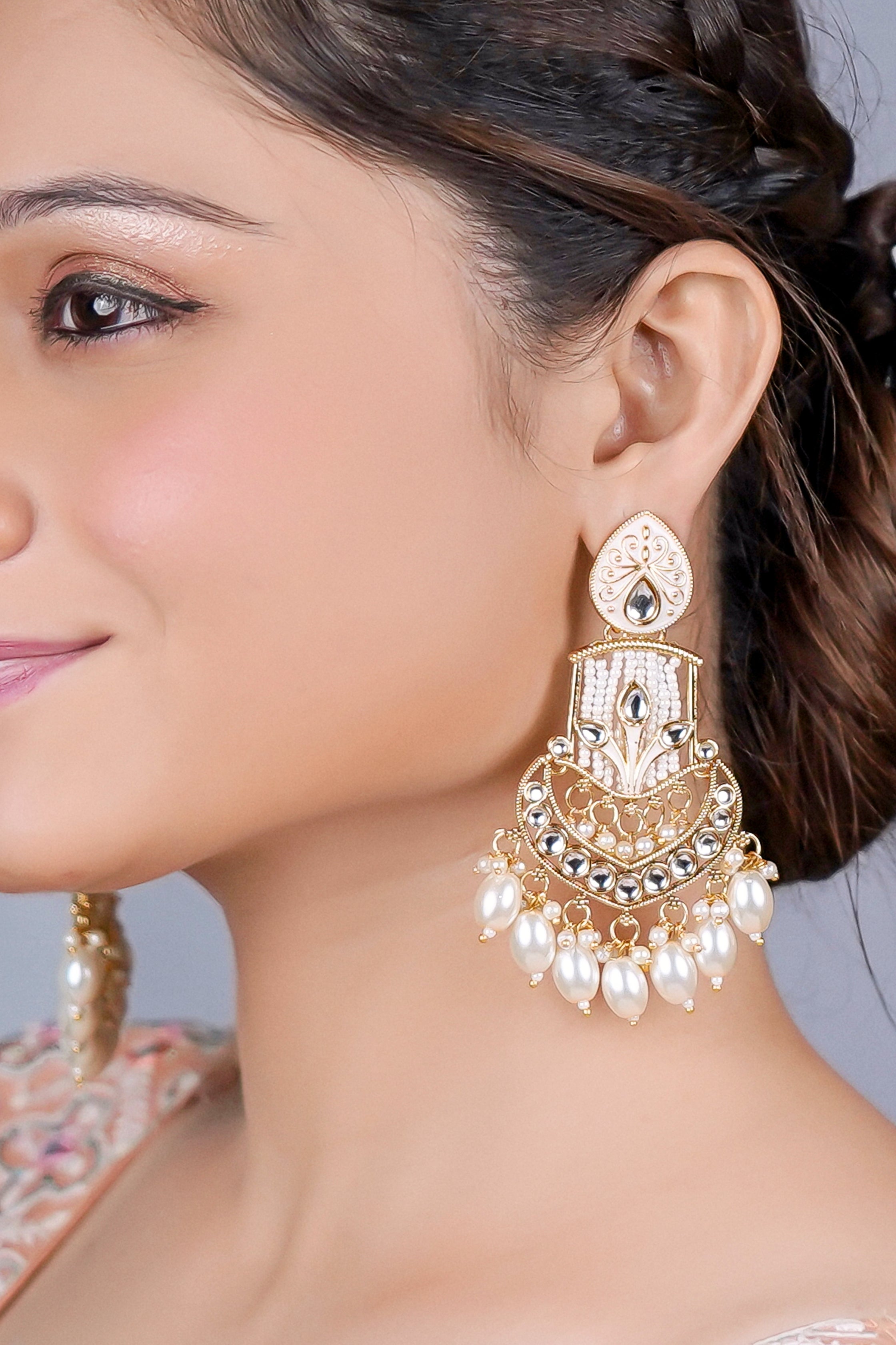 Enmode Fashion Jewellery Gold-Plated Kundan Pearl Dangle Earrings, Traditional Drop Style, White