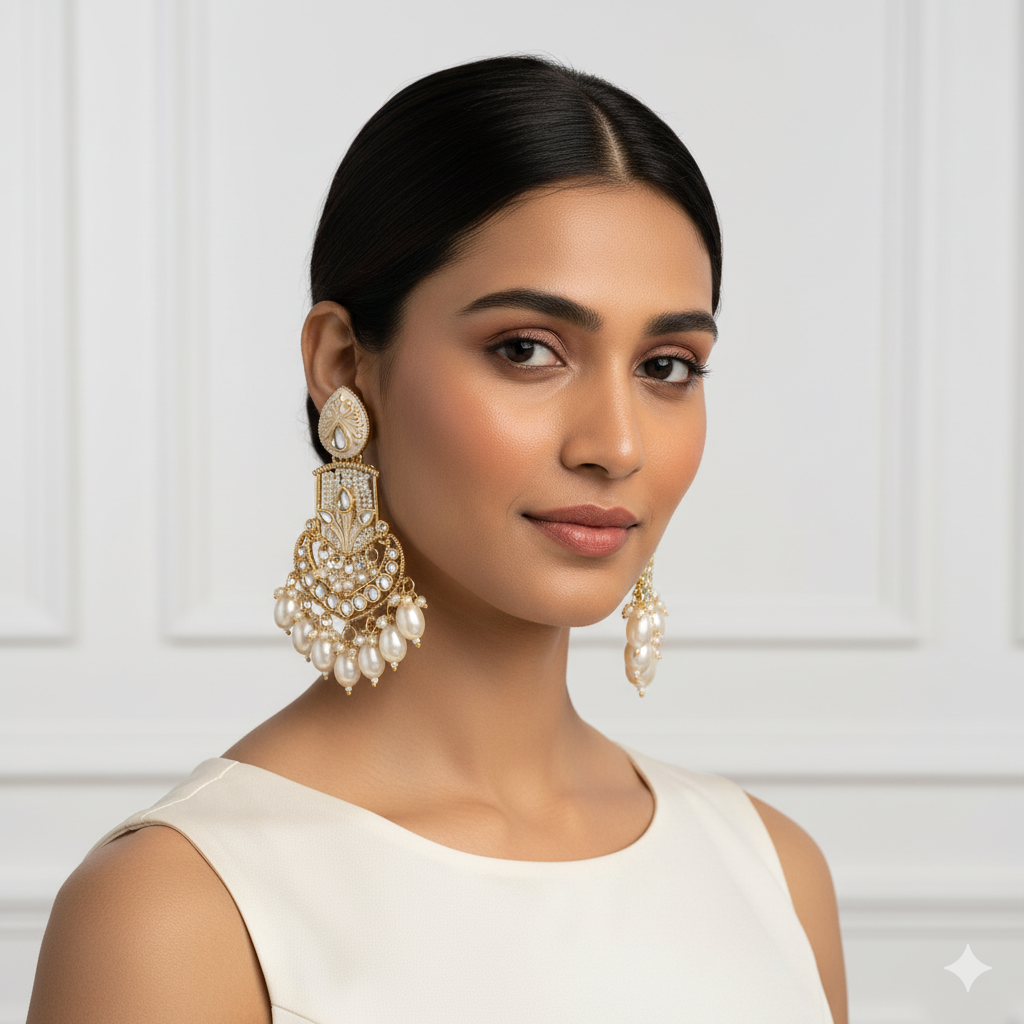 Gold-Plated Kundan Pearl Chandbali Earrings