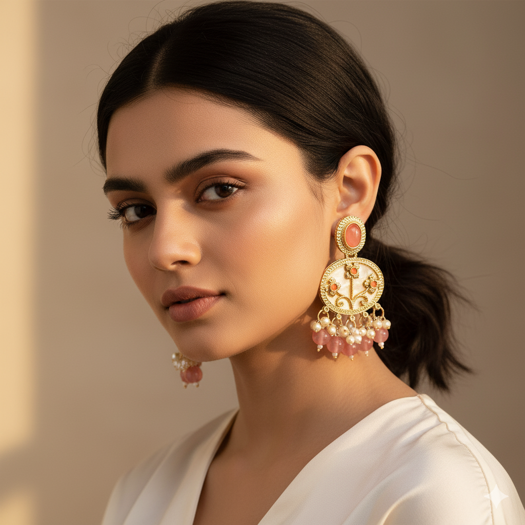 Gold Plated Pink Bead Chandbali Earrings for Women