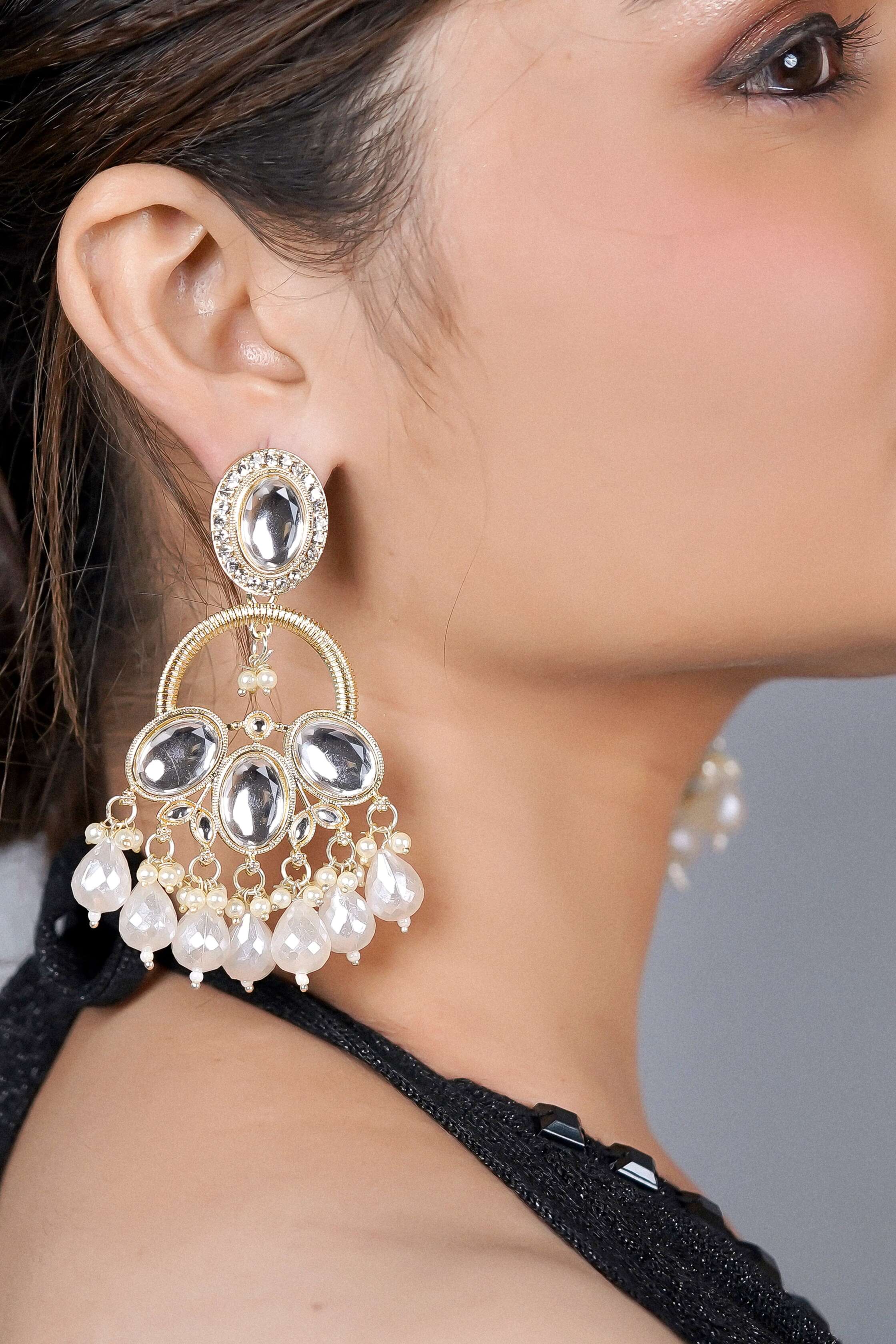 Enmode Fashion Jewellery Gold Plated Contemporary Kundan & Pearl Dangle Earrings for Women