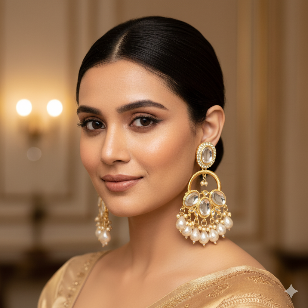 Golden Kundan Chandbali Earrings with White beads