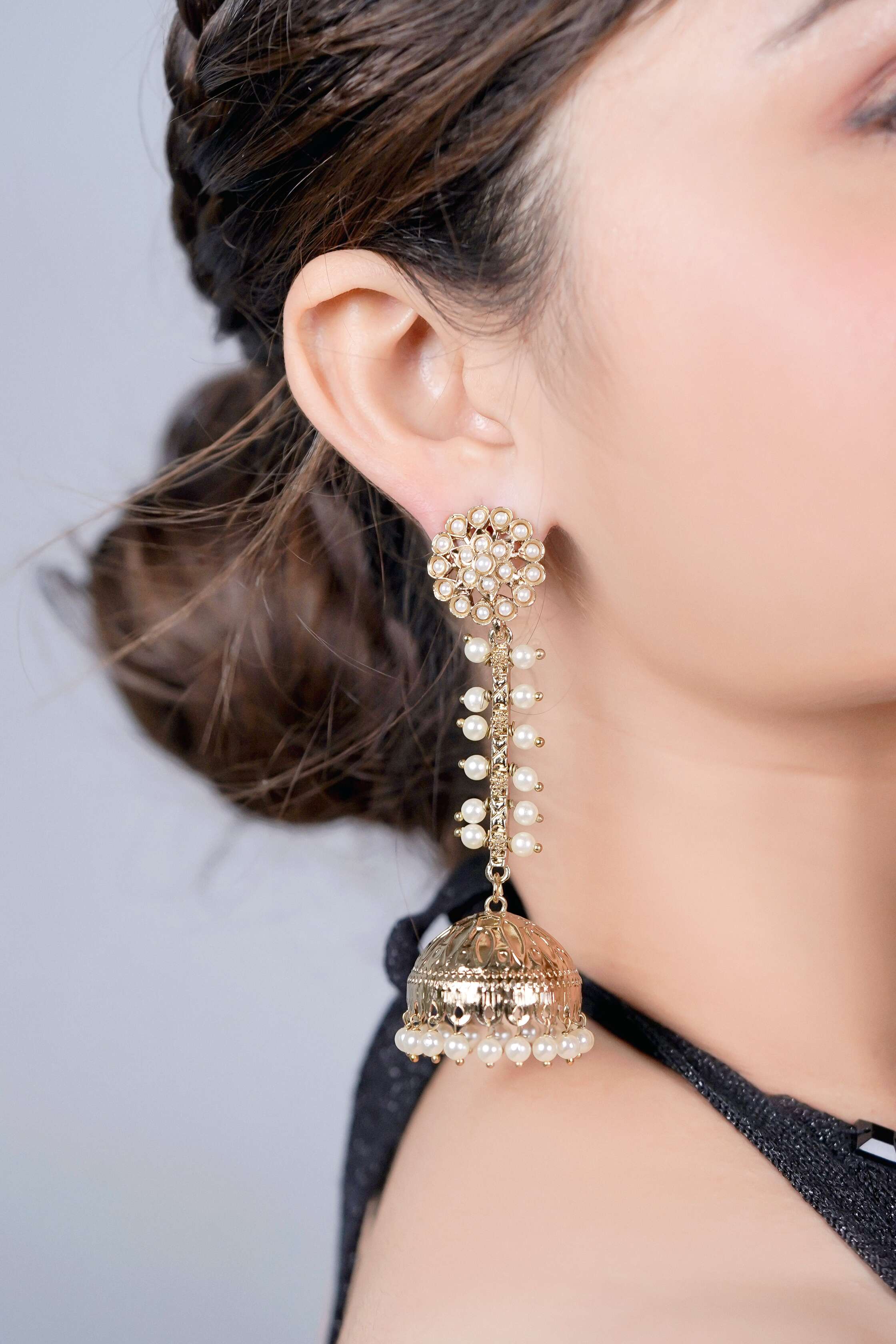 Enmode Fashion Jewellery Gold Plated Ethnic Dome Shaped Pearl Jhumki Earrings for Women