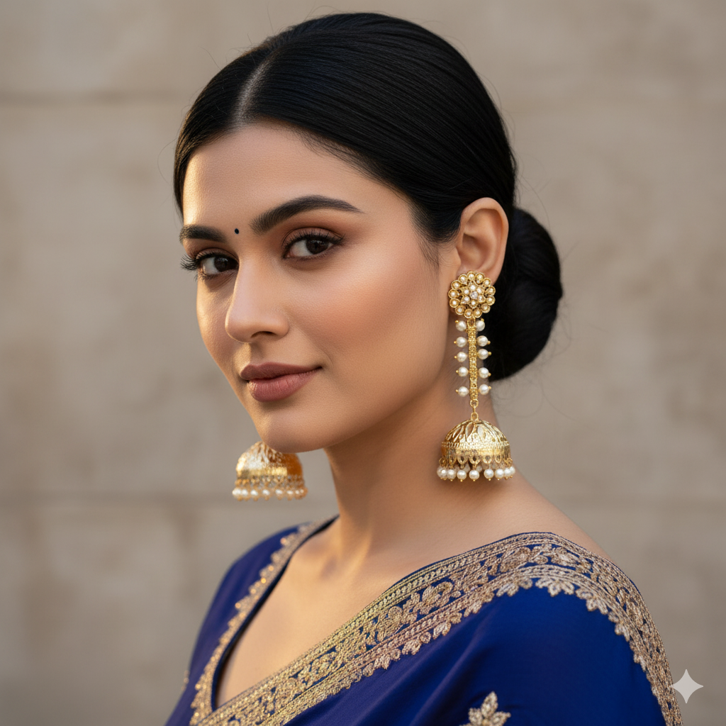 Gold Plated Ethnic Dome Shaped Pearl Jhumki Earrings for Weddings