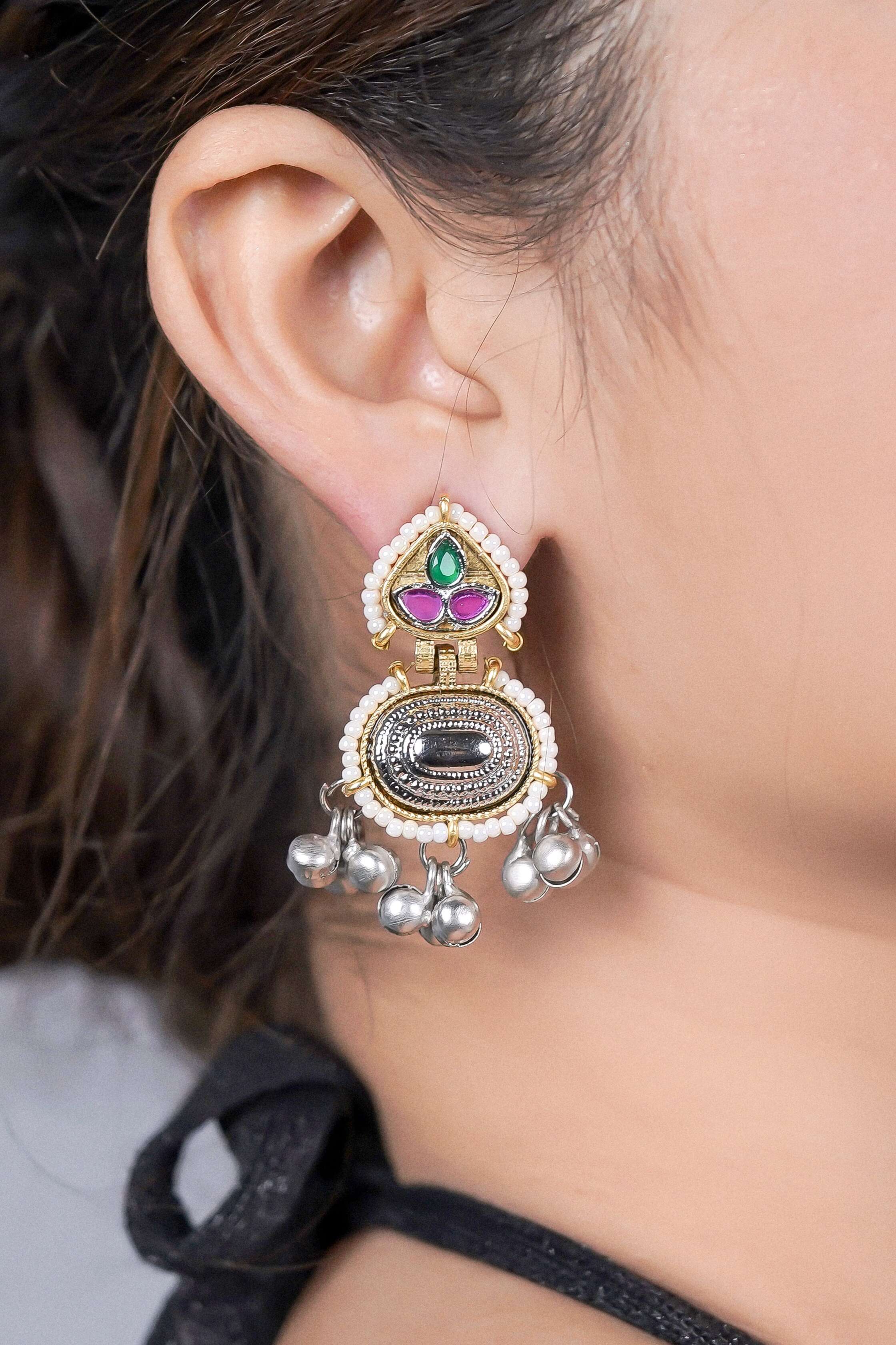 Enmode Fashion Jewellery Antique Gold & Silver Pearl Enamel Dangle Earrings for Women