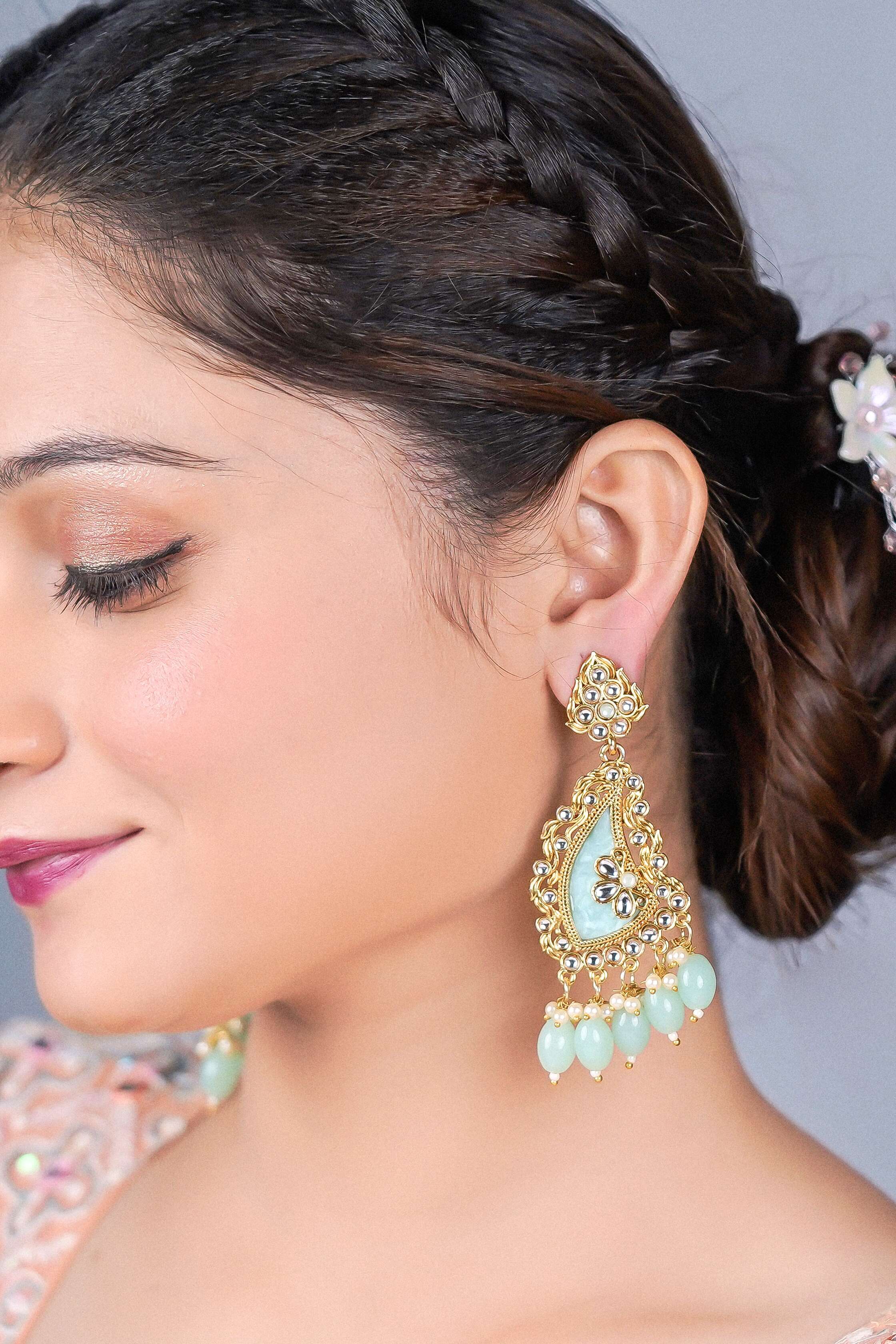 Enmode Fashion Jewellery Gold Plated Chandbali Earrings, Mother of Pearl with Teal Beads, Crystal Stones, Drop Style for Women