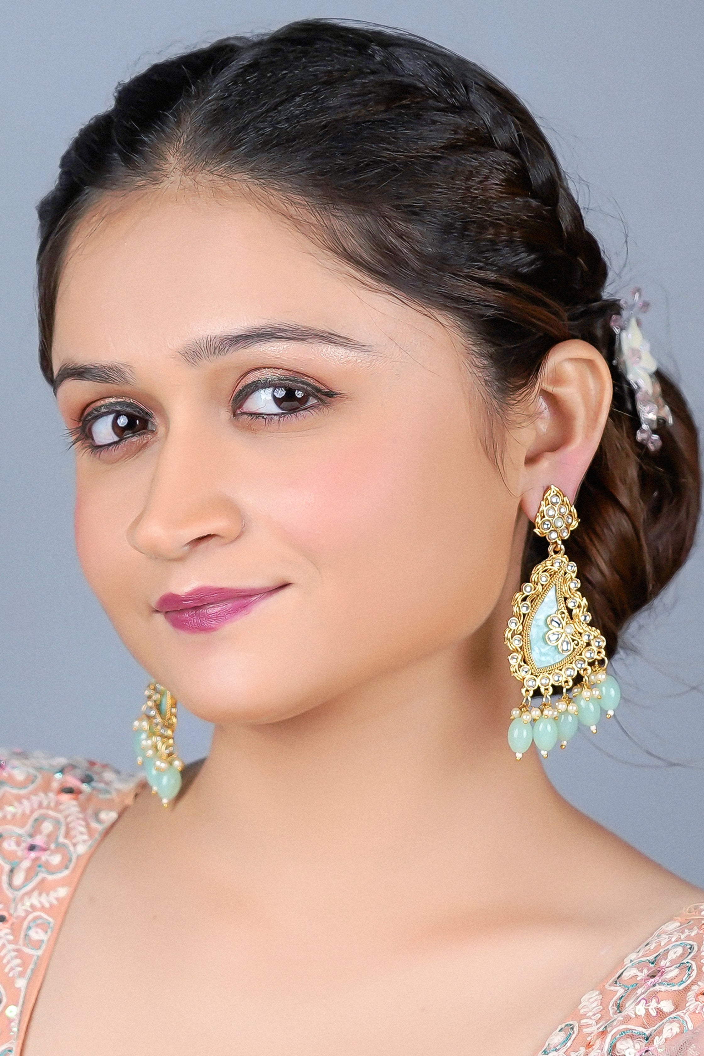 Enmode Fashion Jewellery Gold Plated Chandbali Earrings, Mother of Pearl with Teal Beads, Crystal Stones, Drop Style for Women