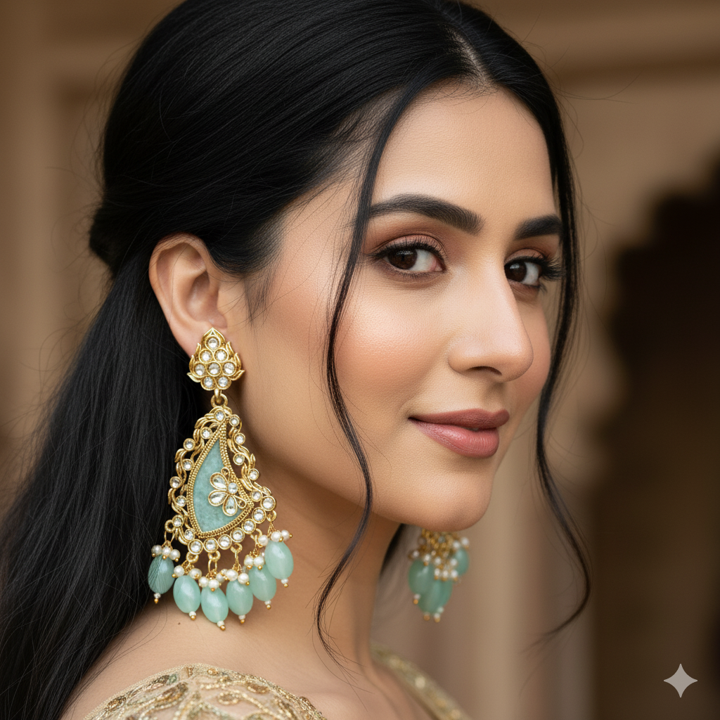 Gold Plated Kundan Dangler Earrings with Mint Green Beads