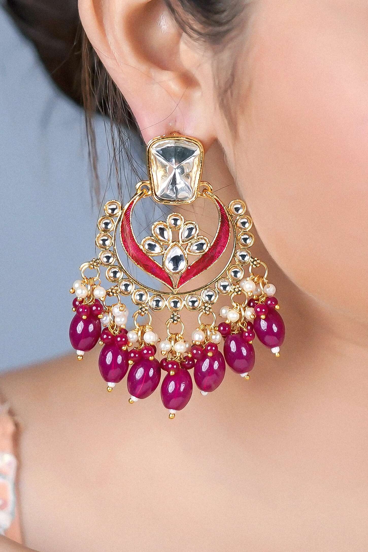 Enmode Fashion Jewellery Gold-Plated Kundan Pink Pearl Dangle Earrings for Women and Girls