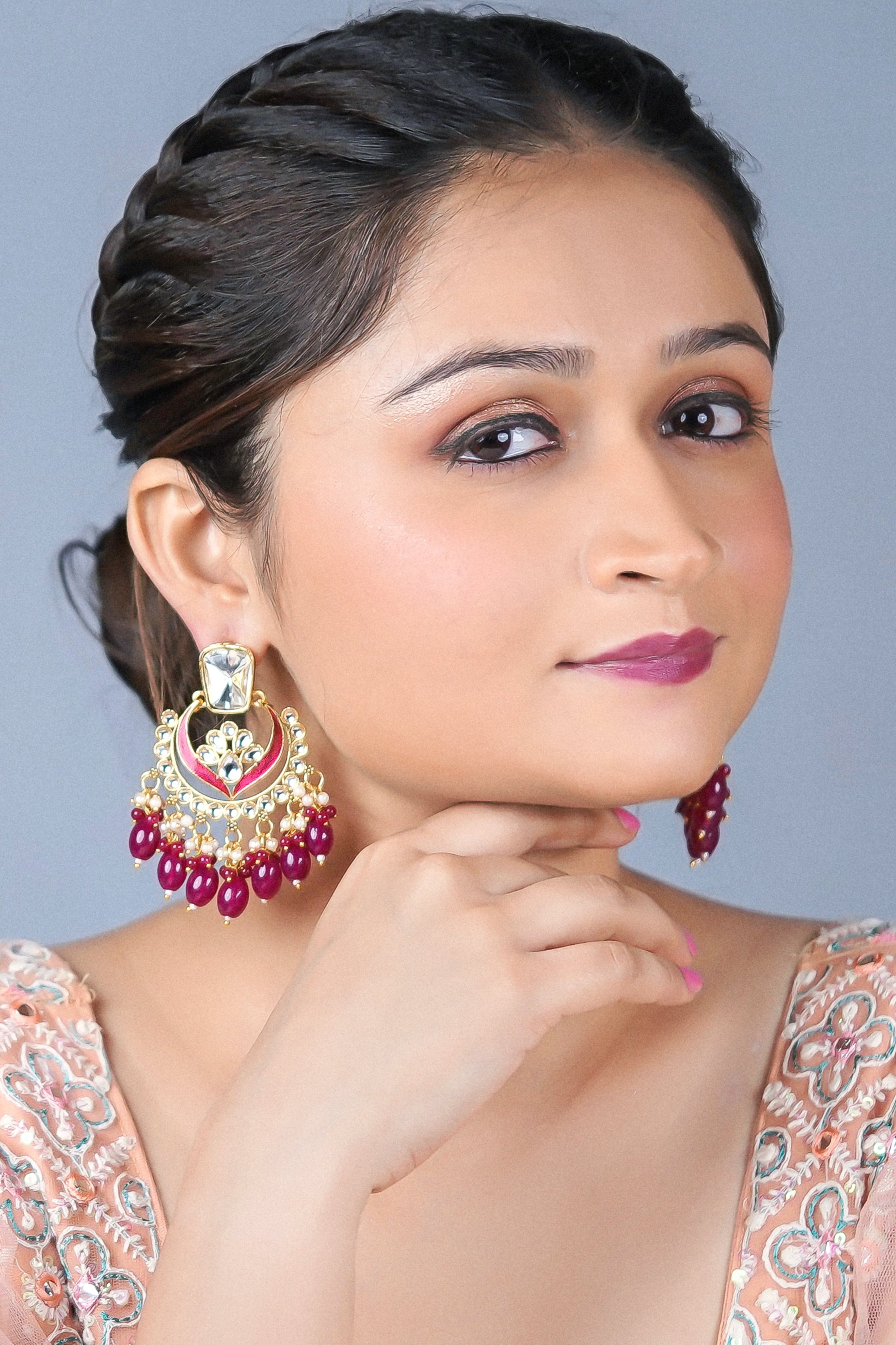 Enmode Fashion Jewellery Gold-Plated Kundan Pink Pearl Dangle Earrings for Women and Girls