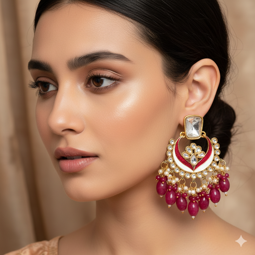 Gold-Plated Kundan Pink Pearl Drop Chandbali Earrings for Women and Girls