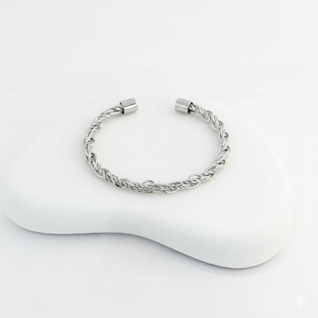 Elegant Silver Twisted Rope Design Open Cuff Bracelet