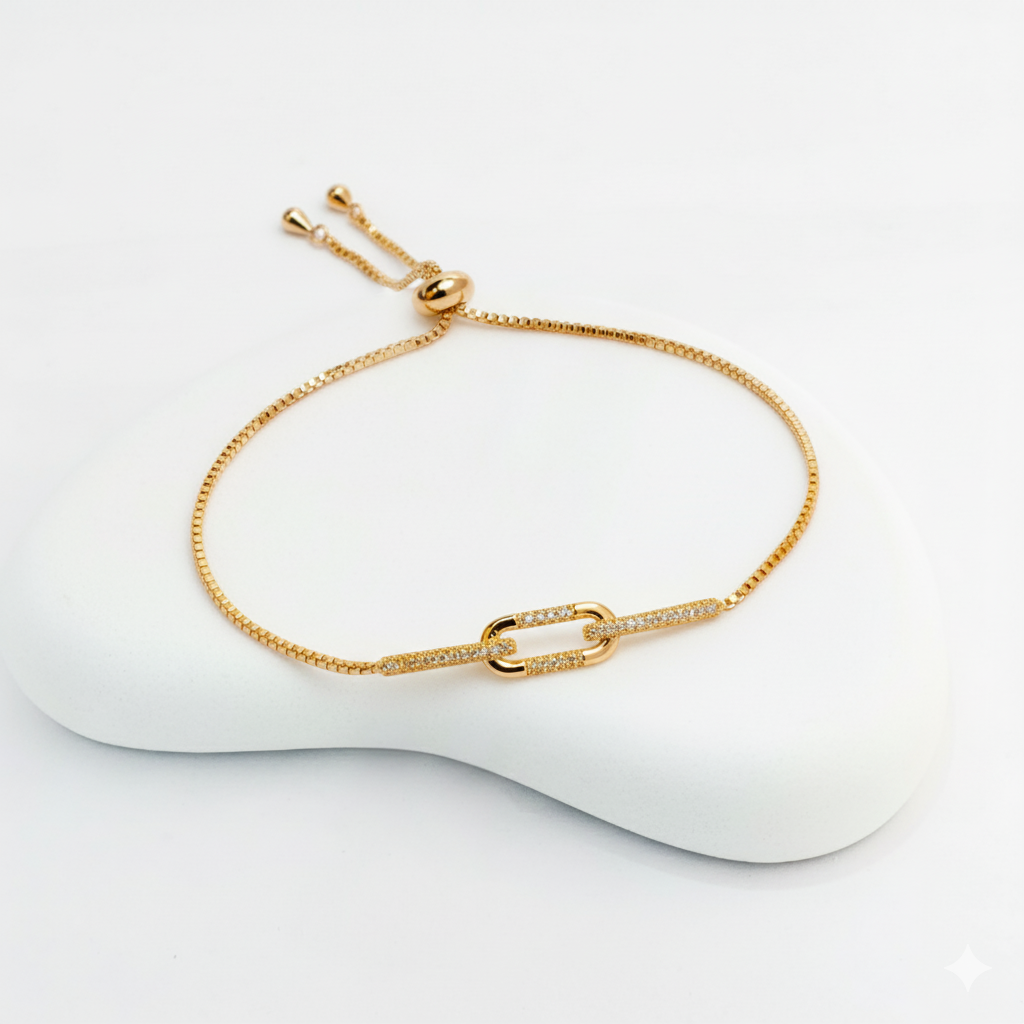Gold-Plated Adjustable Chain Bracelet with Pave Link Design